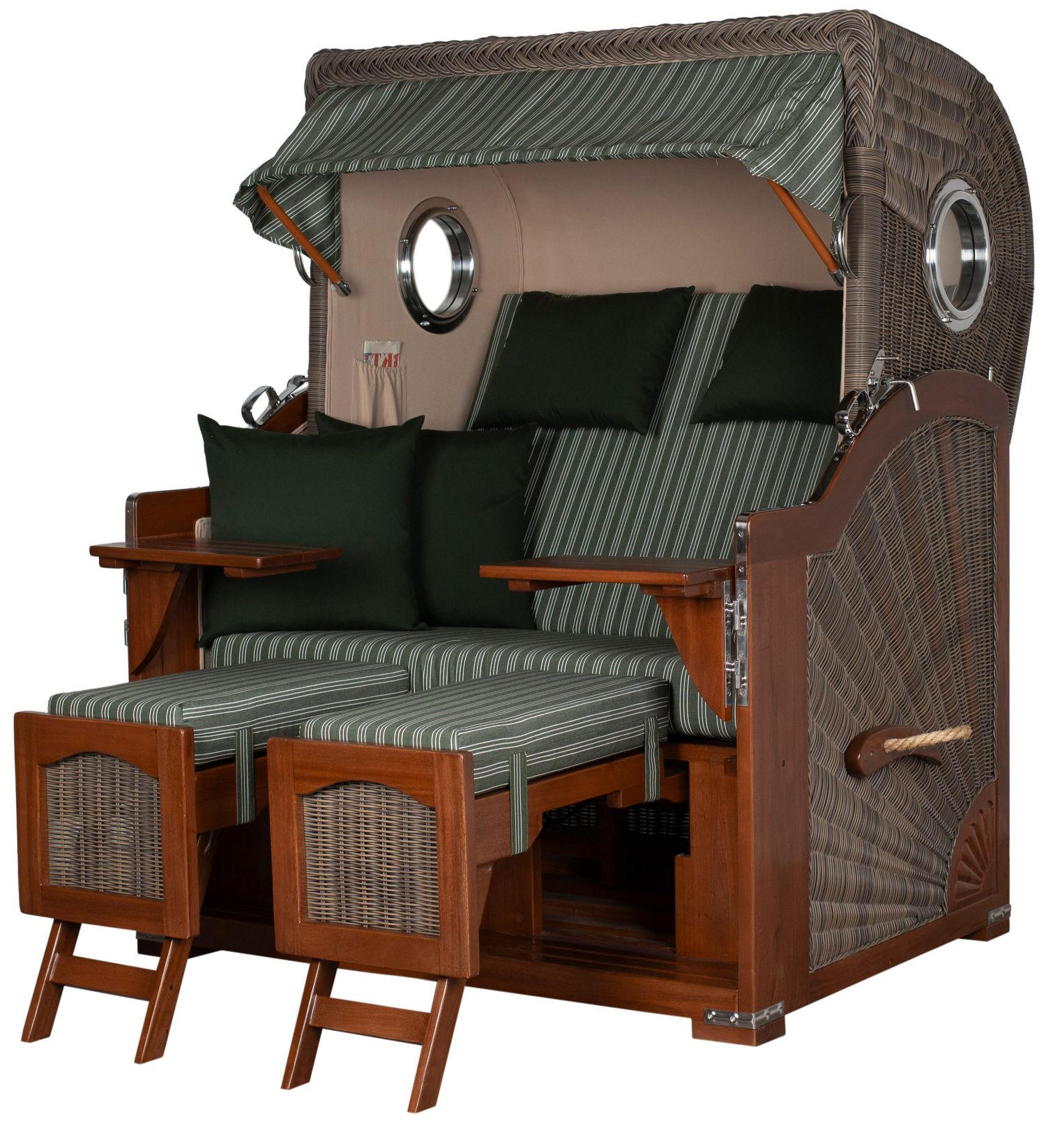 STRANDKORB Komplettset: Ammersee Mahagoni Bullauge - PE grau - Modell 504 - Grau/Grün, Holz/Kunststoff (125/165/80cm) - bene living