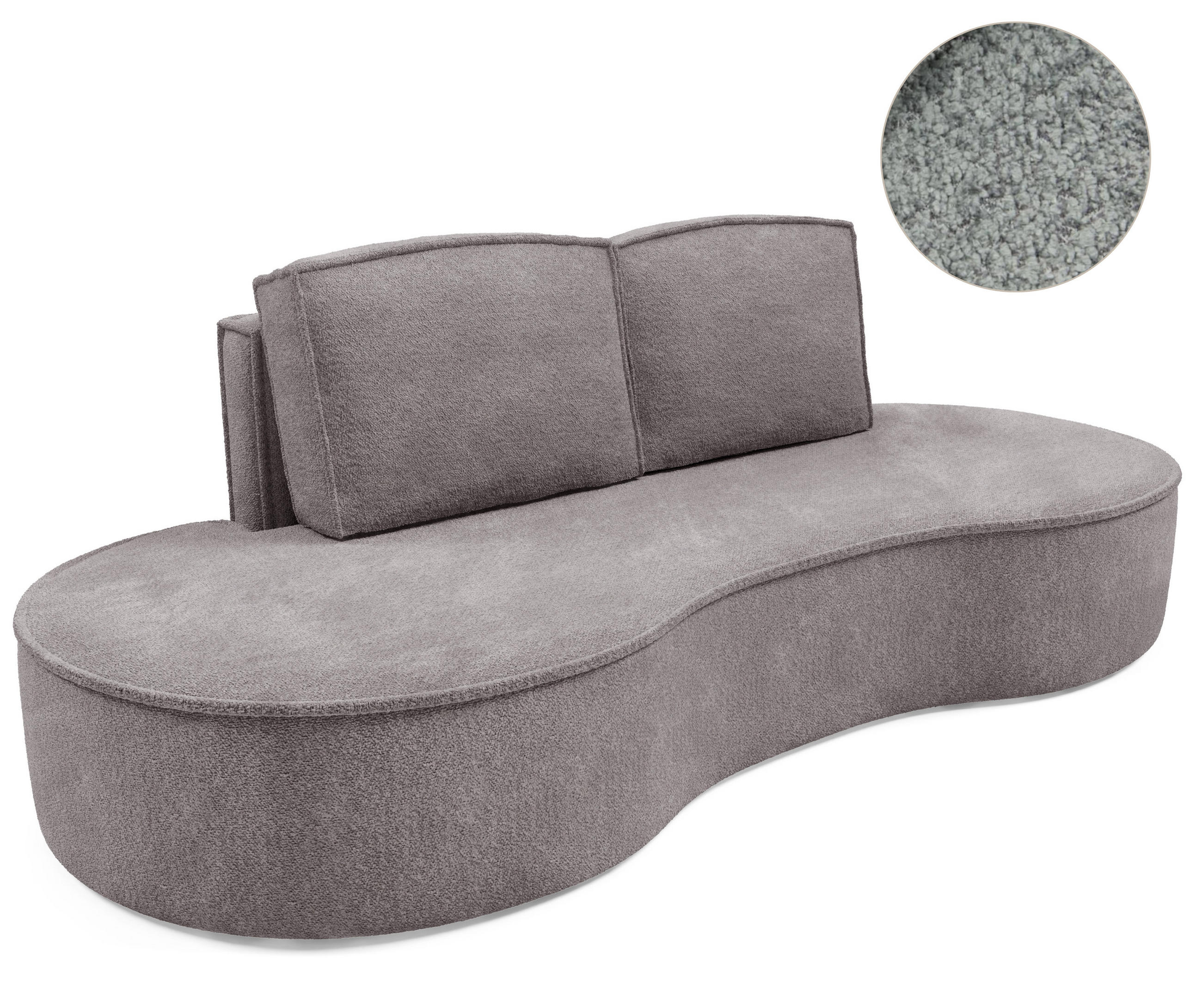 SOFA Molly – Freistehendes halbrundes Designsofa mit zwei eleganten, abnehmbaren RückenKissen, Abriamo Stoff, Größe: 234x101x88 cm, Grau Seide - Greige, Holz/Textil (234/88/101cm) - DomoHome