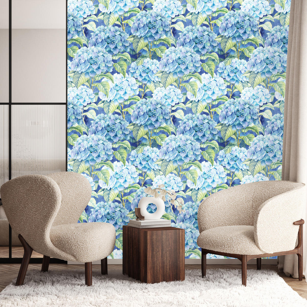 VLIESTAPETE Hortensien und Blätter – Blau, Grün – 50x1000 cm - Blau/Grün, Papier (50/1000cm) - Muralo