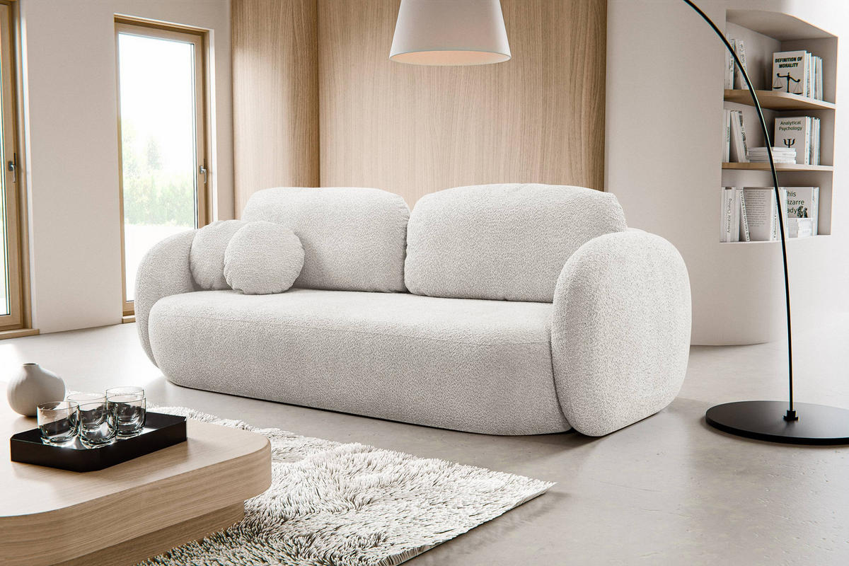 BETTSOFA AMICO Hellgrau Bucle-Stoff mit Schlaffunktion - Hellgrau, Holz (238/86.5/101cm) - MASSENO