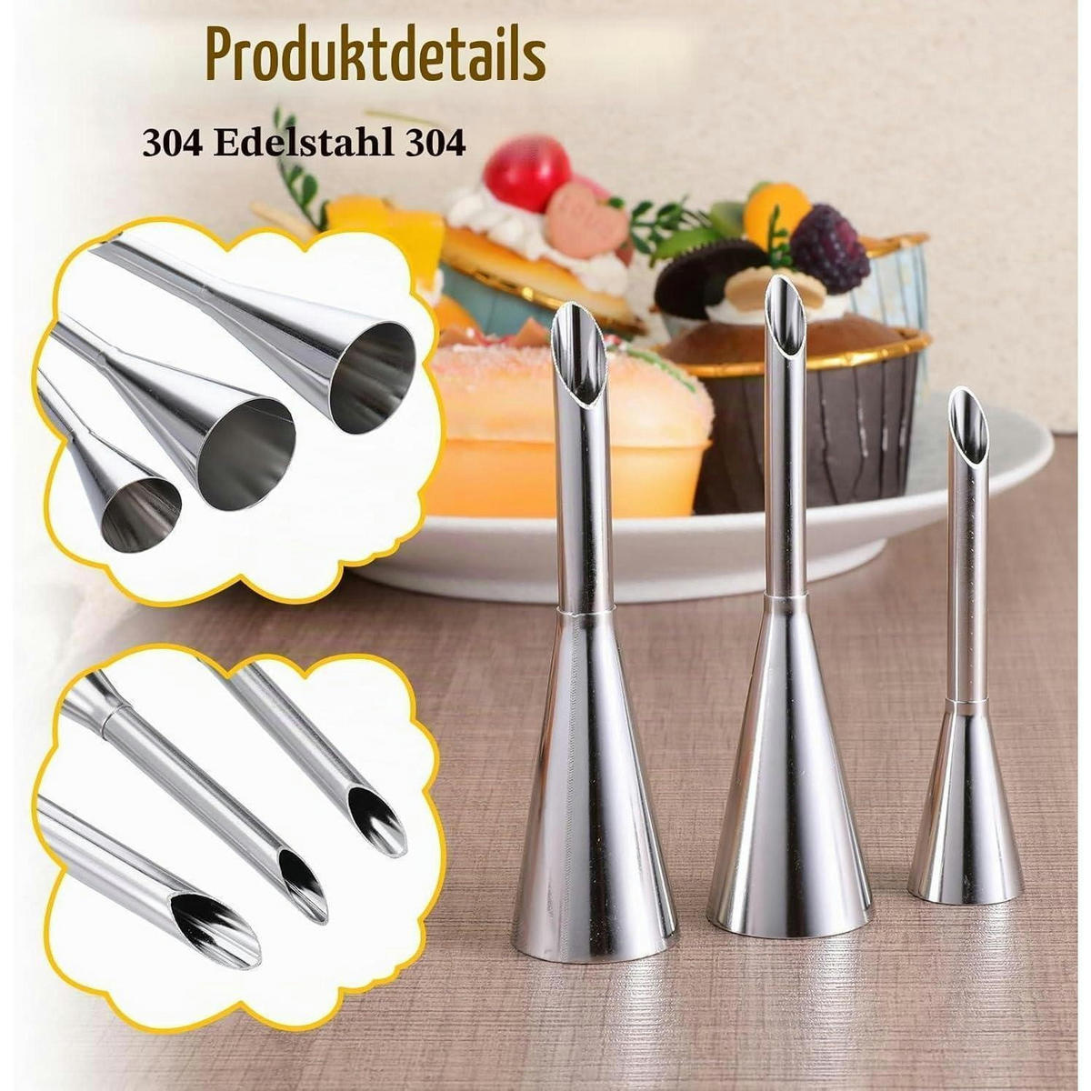SPRITZTÜLLEN-SET 3-teilig Edelstahl mit Spritzbeutel und Bürste - Silberfarben, Metall (20/1/35cm)