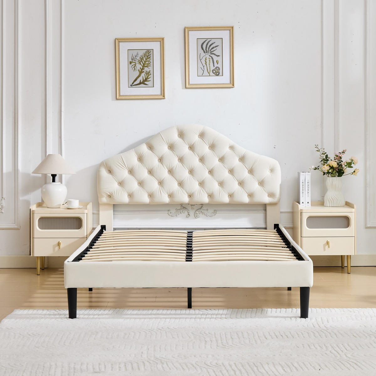 BETT mit verstellbarem Kopfteil 140x200 cm Samt Beige - Beige, Holzwerkstoff (140/200cm) - Meubliv