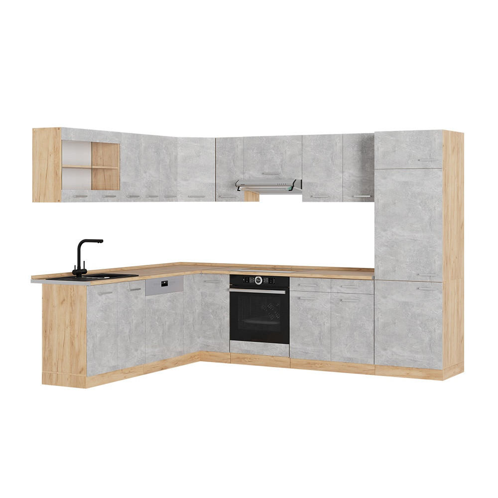HÖRNKÖK R-Line, betong/Goldkraft ek, 287 x 227 cm, AP Oak - Honungsek/Grå, Träbaserade material (287/206.8/60cm) - Vicco