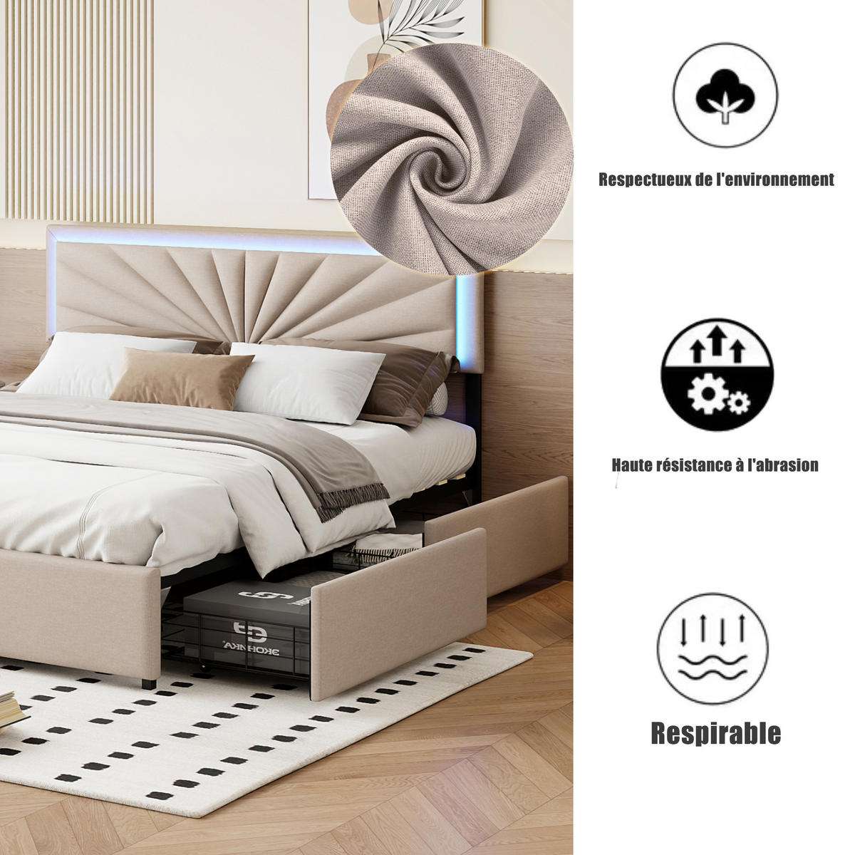 POLSTERBETT 140x200 cm 4 Schubladen LED Lattenrost Leinen beige - Beige, Holz (140/200cm) - LEBENLANG