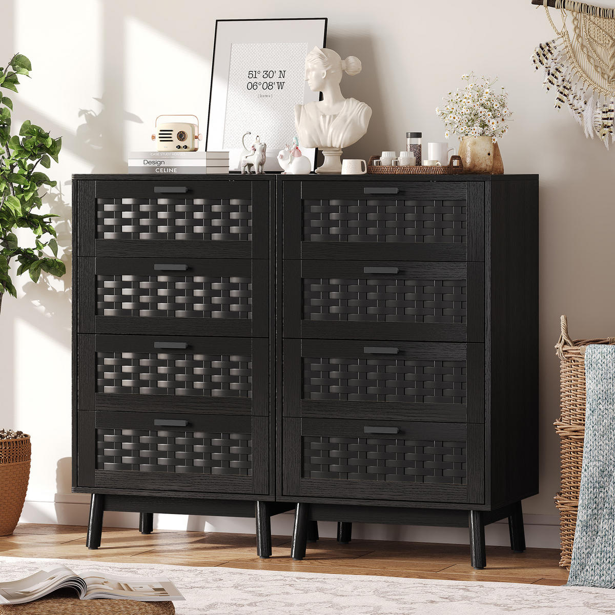 KOMMODE 4 Schubladen, PVC Rattanoptik, 55x40x95 cm, Holzfüße, Anti-Kipp, schwarz - Schwarz, Holz (55/95/39.8cm) - EuroLiving