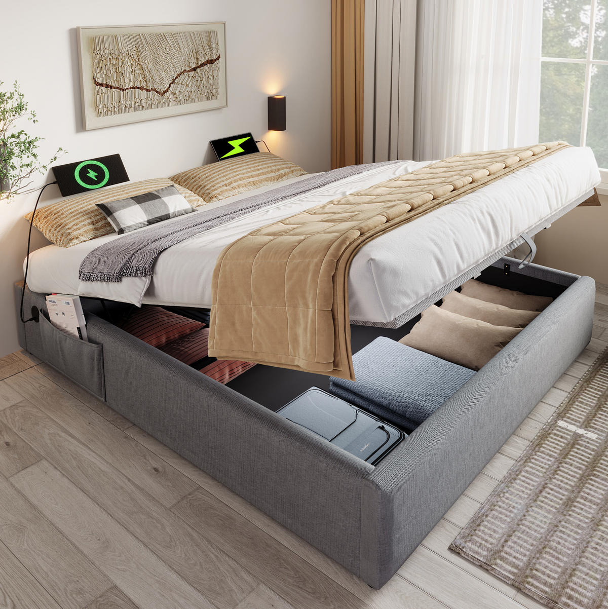 POLSTERBETT 140/200 cm Grau mit Stauraum, USB- und Type-C-Anschlüssen - Grau, Textil (140/200cm) - Flora Grace