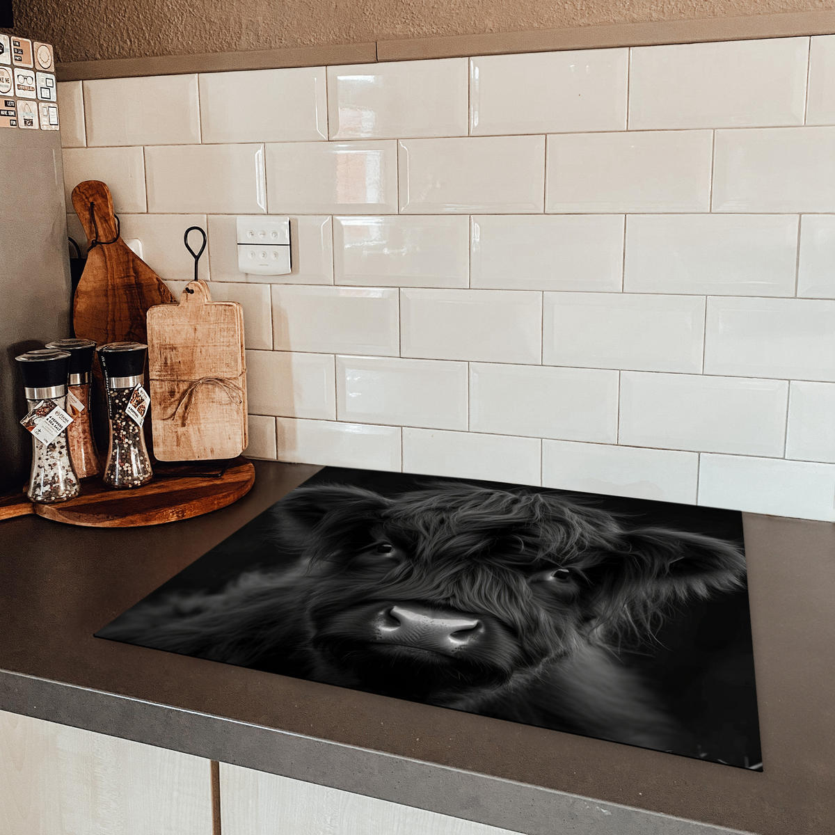 HERDABDECKPLATTE Scottish Highlander - Schwarz - Kalb - Kuh Herdabdeckung Induktionsfeld 65x52 cm - Schwarz, Kunststoff (65/52/0.2cm) - MuchoWow