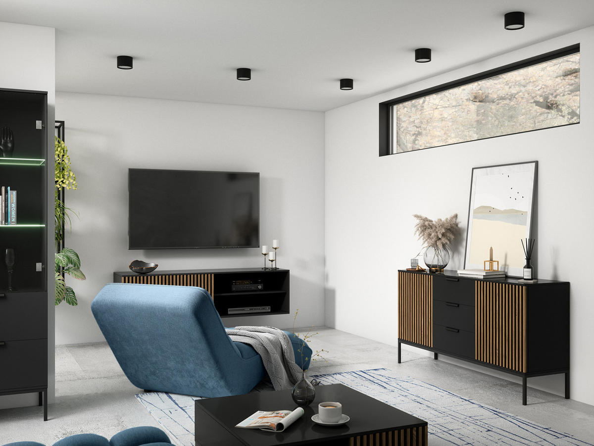 TV-ELEMENT - Wandmontierter RTV-Schrank Meteor (Artisan + Schwarz) - Schwarz, Holzwerkstoff/Metall (150/40/40cm) - Möblo
