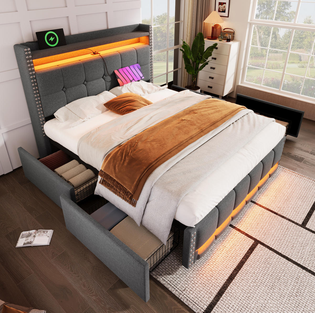 POLSTERBETT mit LED und USB 160x200 cm Grau - Grau, Metall (160/200cm) - Meubliv