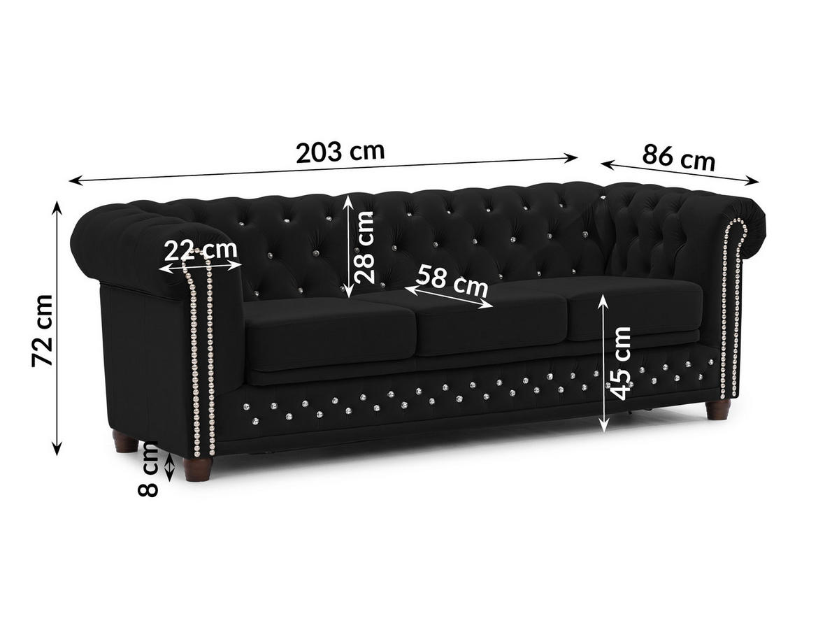 CHESTERFIELD-SOFA 3-Sitzer mit Schlaffunktion Cleo Blink Schwarz Samt mit Kristallsteppung und braunen Massivholzfüßen - Schwarz/Braun, Holz/Textil (203/72/86cm) - S-Style Möbel