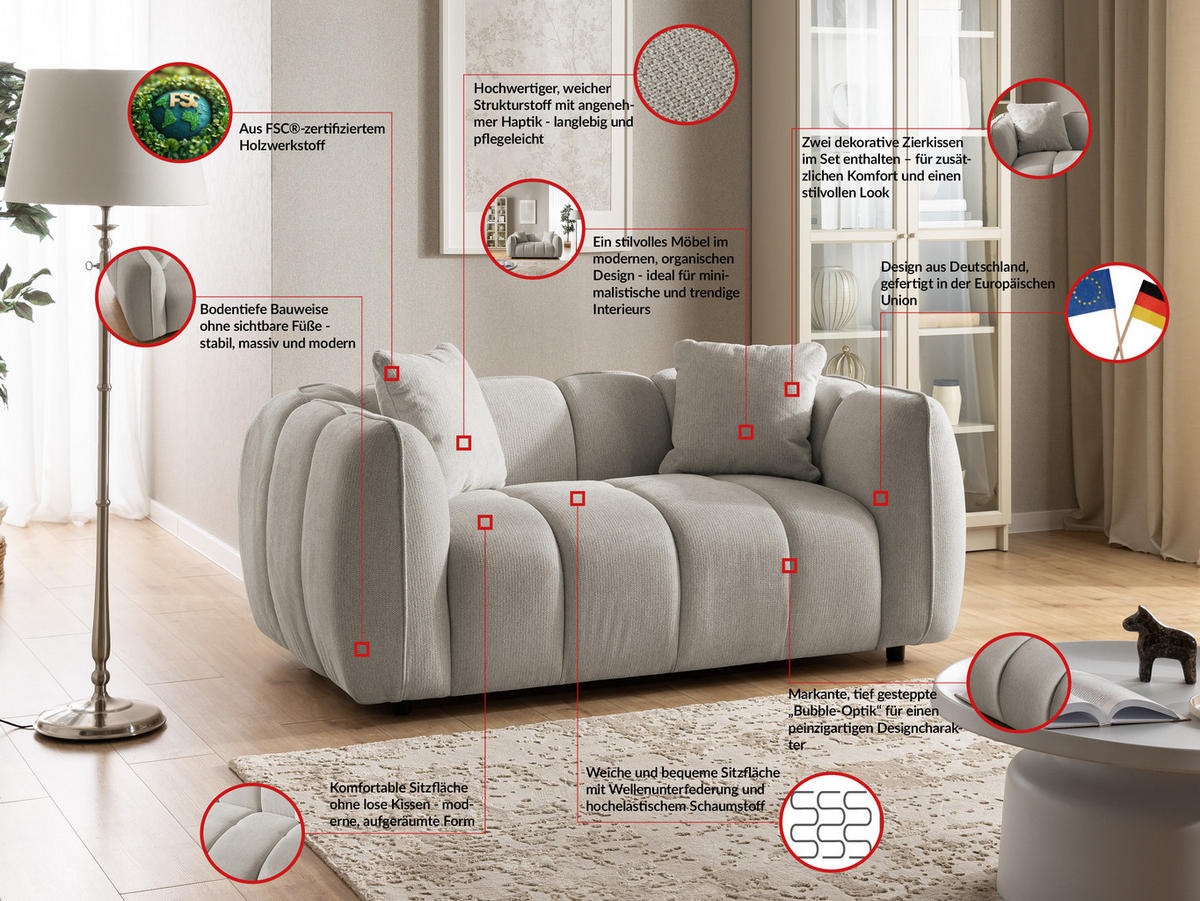 2-SITZER SOFA Nubira in tief gesteppter Bubble-Optik aus weichem Taupe Strukturstoff im modernen Design - Taupe/Schwarz, Holz/Kunststoff (172/69/89cm) - S-Style Möbel