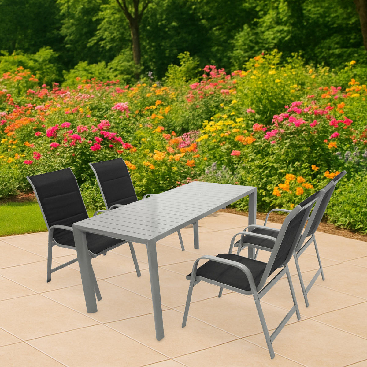 GARTEN-GARNITUR Ashford - 5-teilige Garten-Essgruppe (4x Stapelsessel Hochlehner Aluminium silbergrau + Textilgewebe gepolstert schwarz - Grau, Metall - TPFGarden