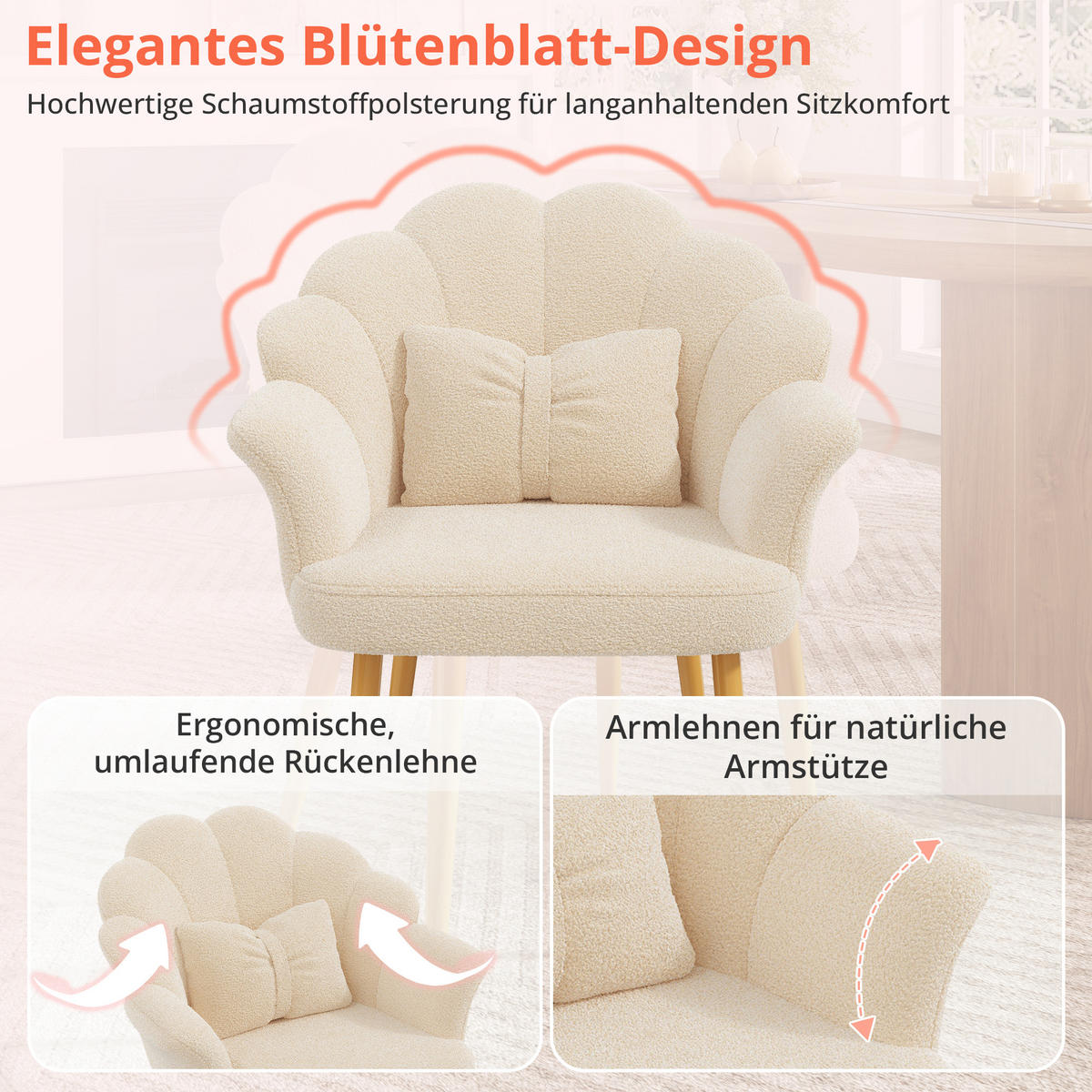 ARMLEHNSTUHL Blütenblatt-Design mit Schleifenkissen, DE-42136, Beige - Beige, Holzwerkstoff (65.5/85/64cm) - ComfortXL