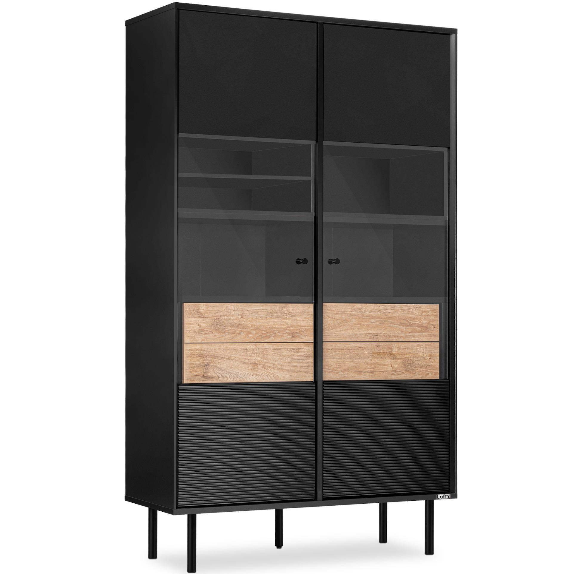 VITRINE LOFTY TV/Außenseiteneinlage, schwarz / Eiche natur - Eichefarben/Schwarz, Holzwerkstoff (102/174/41cm) - KONSIMO®