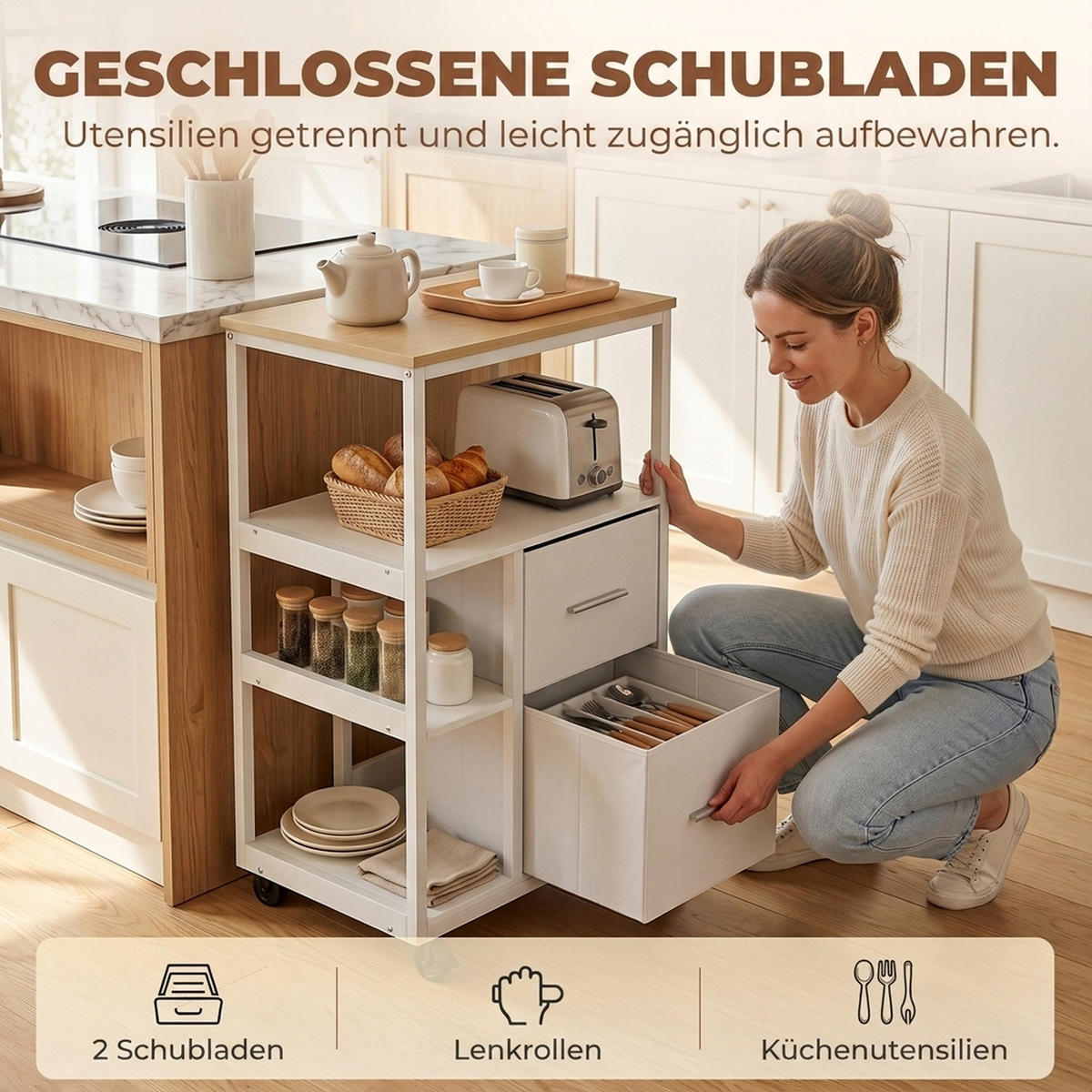 KÜCHENWAGEN Spanplatte Stahl Weiß - Weiß, Holzwerkstoff (37/89/53cm) - HOMCOM