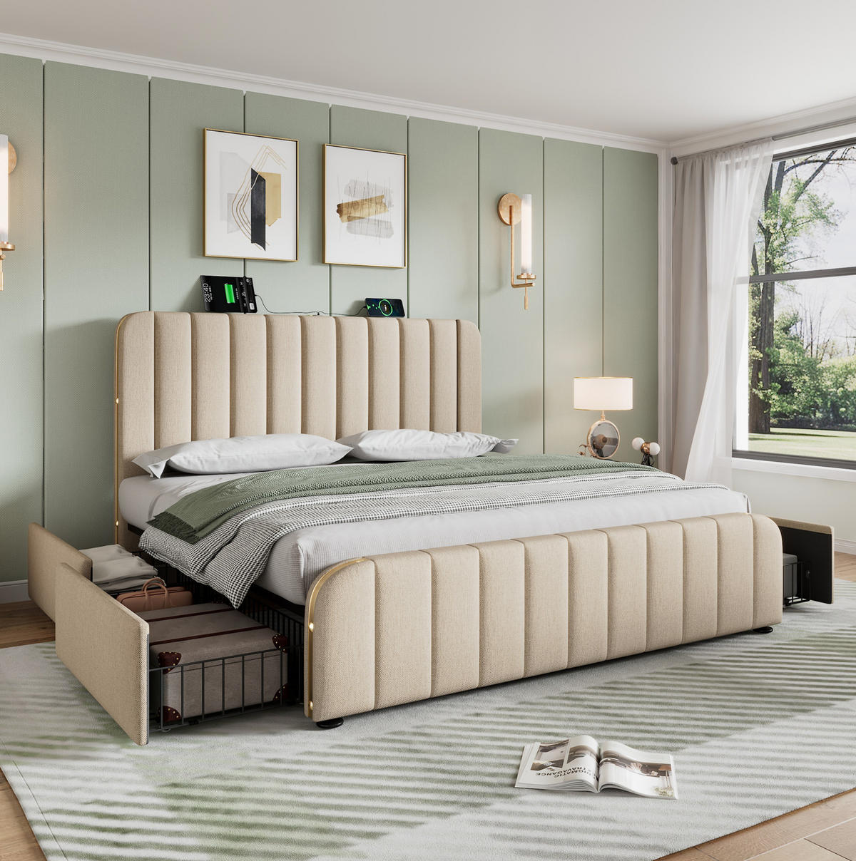 POLSTERBETT mit USB und 4 Schubladen 160x200 cm Leinen Beige - Beige, Metall (160/200cm) - Meubliv