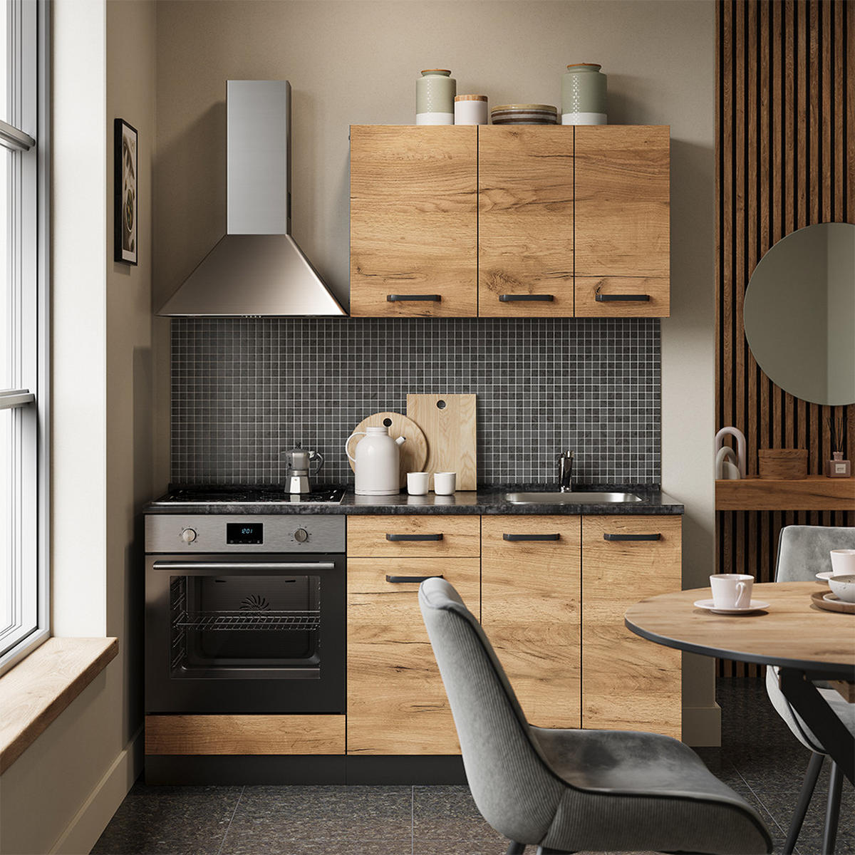 SINGLEKÜCHE R-Line Goldkraft Eiche/Anthrazit 160 cm mit Herdumbauschrank und Spüle ohne AP - Honigeiche/Anthrazit, Holzwerkstoff (160/81.6/46cm) - Vicco