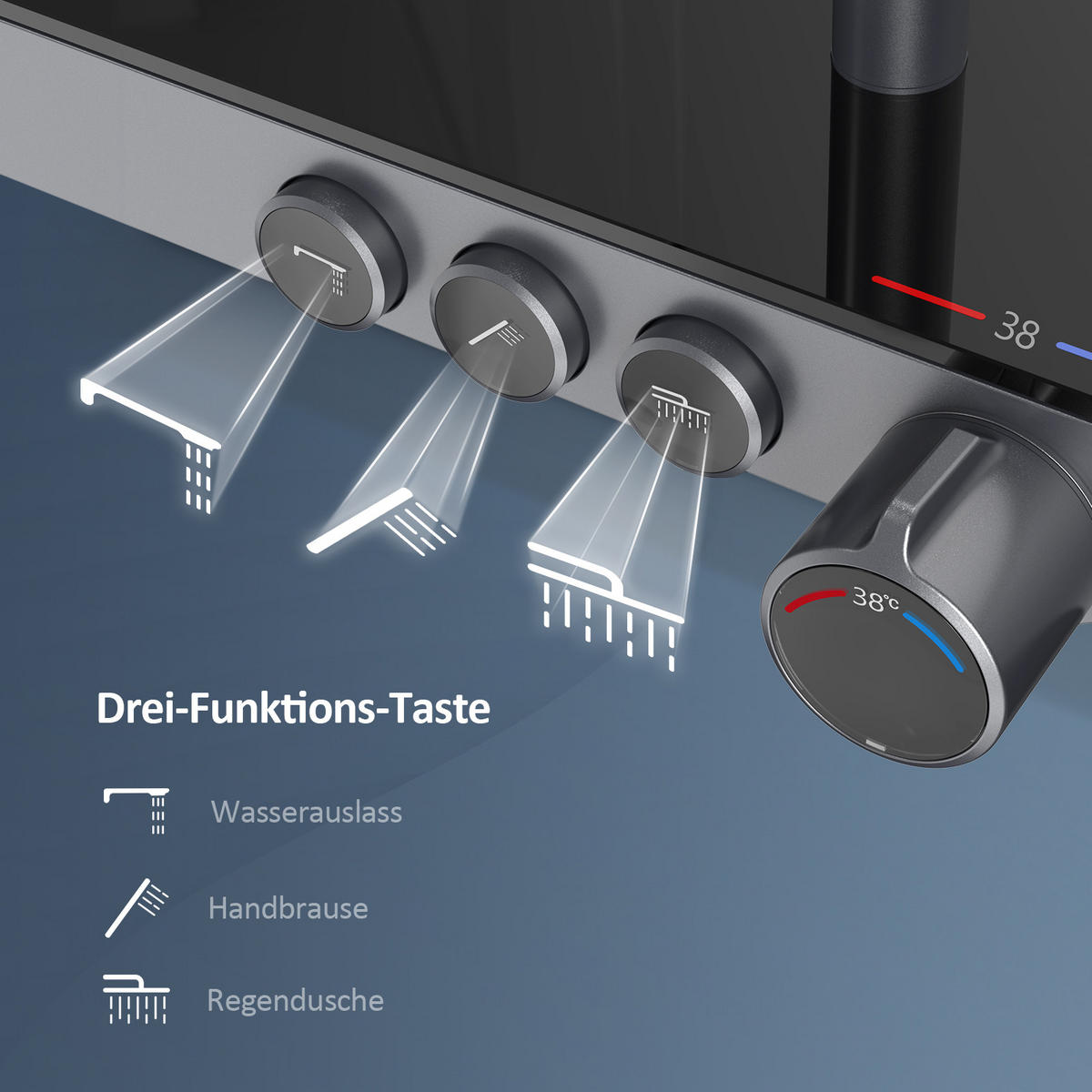 ÜBERKOPFBRAUSESET mit Drei Wasserauslassmethoden Thermostat mit Ablage Anthrazit - Anthrazit, Metall (44.5/127/45cm) - EMKE