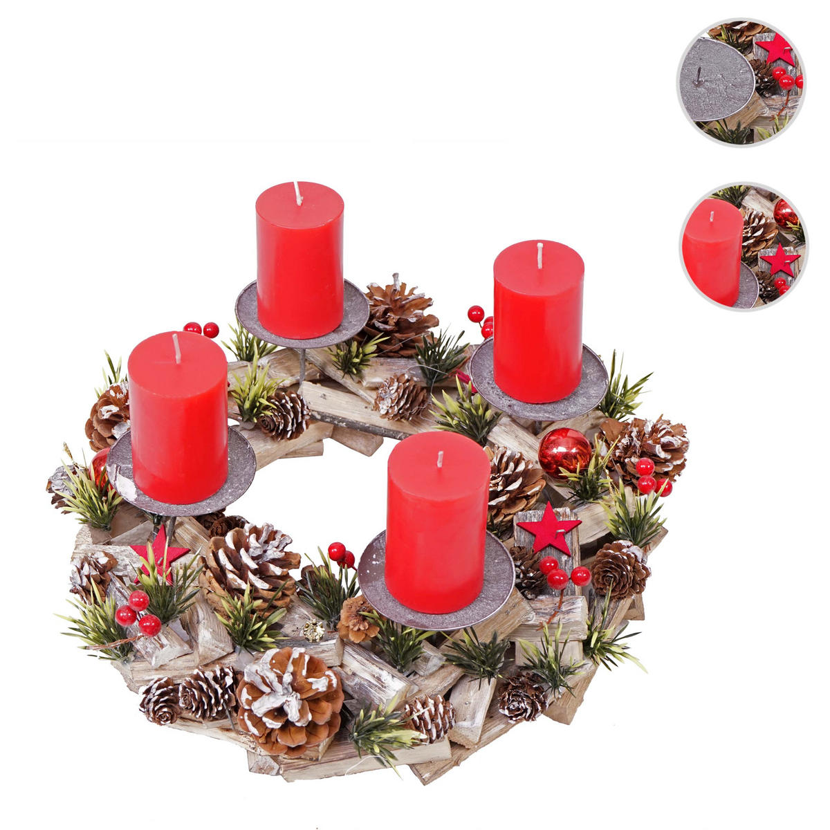 ADVENTSKRANZ HOLZ MIT KERZEN ROT Grau, Multicolor, Rot - Rot/Multicolor, Holz (12cm) - MCW
