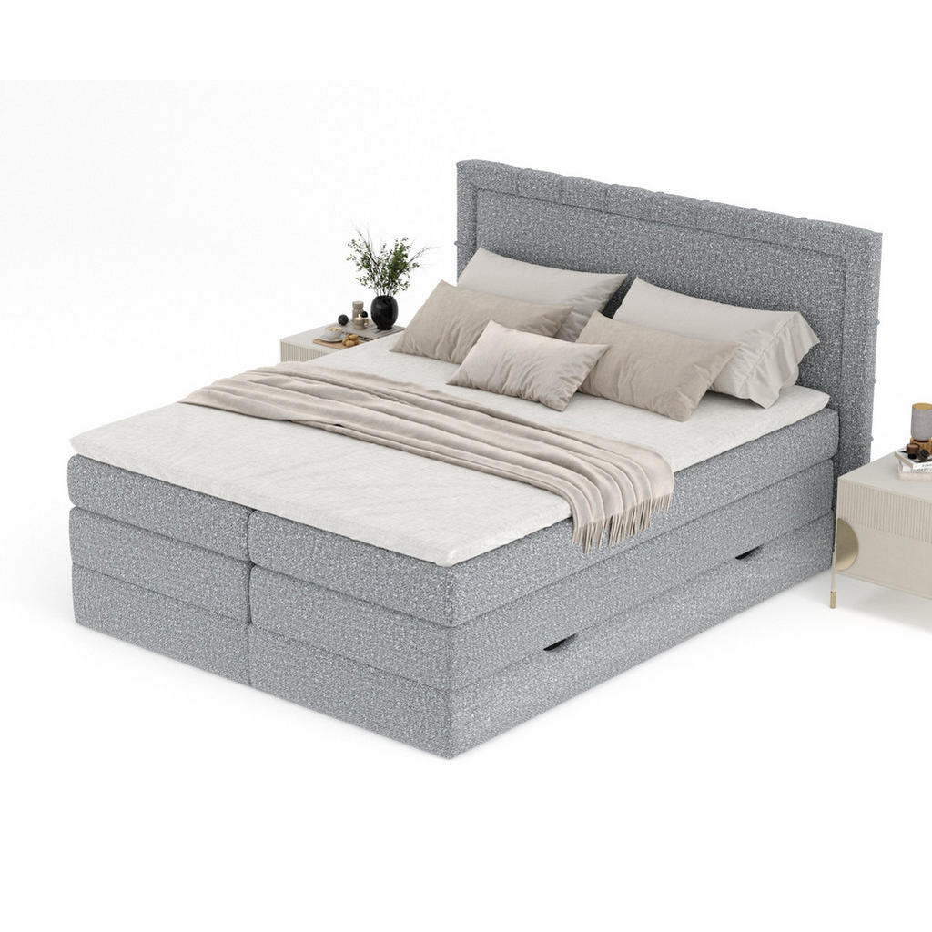 Thumbnail - Maison de Reve Boxspringbett, Grau, Textil, Buche, Kiefer, H3, Höhe ca. 37 cm, 200x200 cm, Oeko-Tex® Standard 100, Reach...