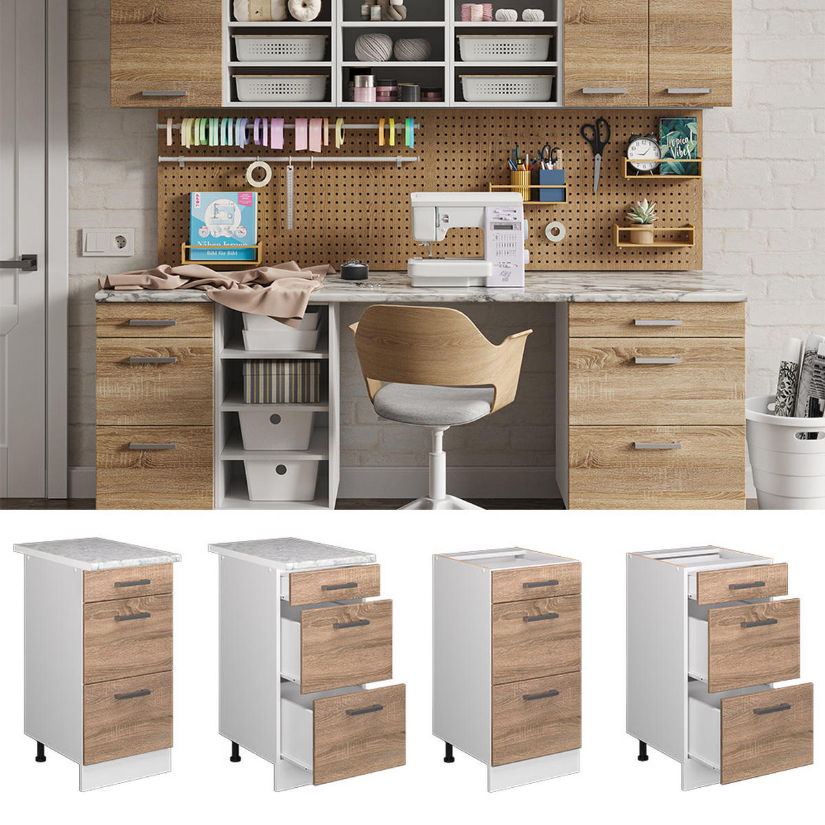 UNTERSCHRANK R-Line Sonoma 40 cm mit Schubladen - Weiß/Sonoma Eiche, Holzwerkstoff (40/81.6/60cm) - Vicco