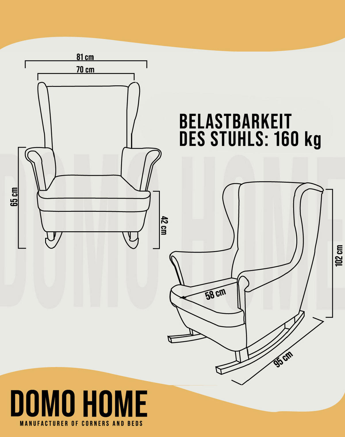 SCHAUKELSESSEL mit gepolstertem Sitz und Armlehnen, 102x81x95 cm, Gold_29822 - Birkefarben/Schwarz, Holz/Textil (81/102/95cm) - DomoHome