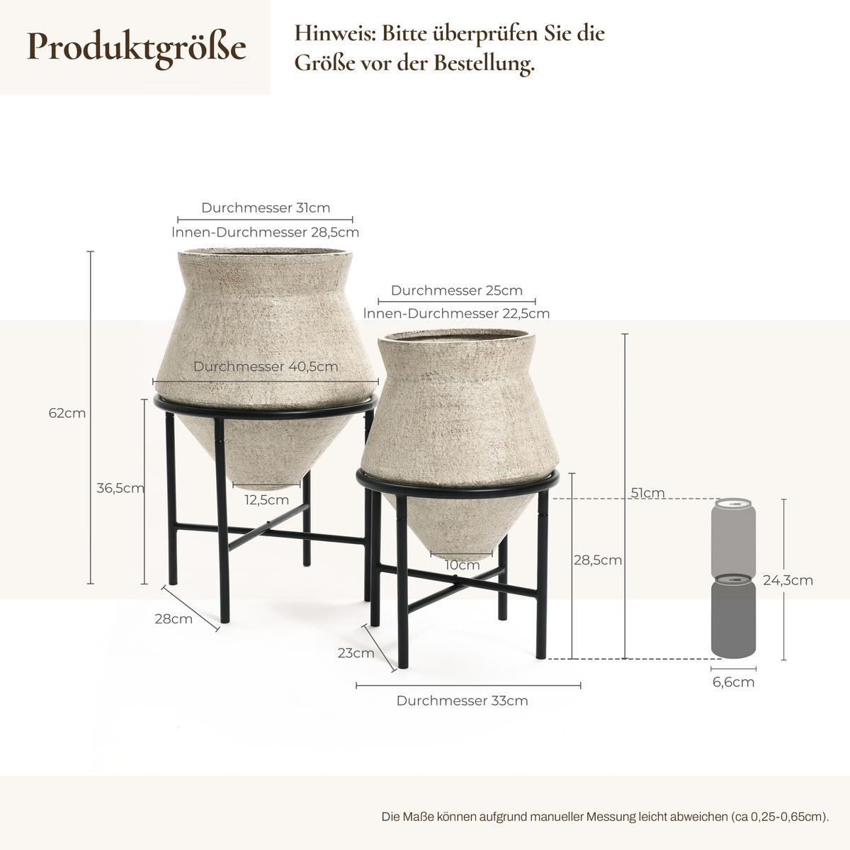 BLUMENTOPF Set 2er aus Eisen, Durchmesser 31& 25cm - Beige, Metall (40/62/40cm) - Hometopia