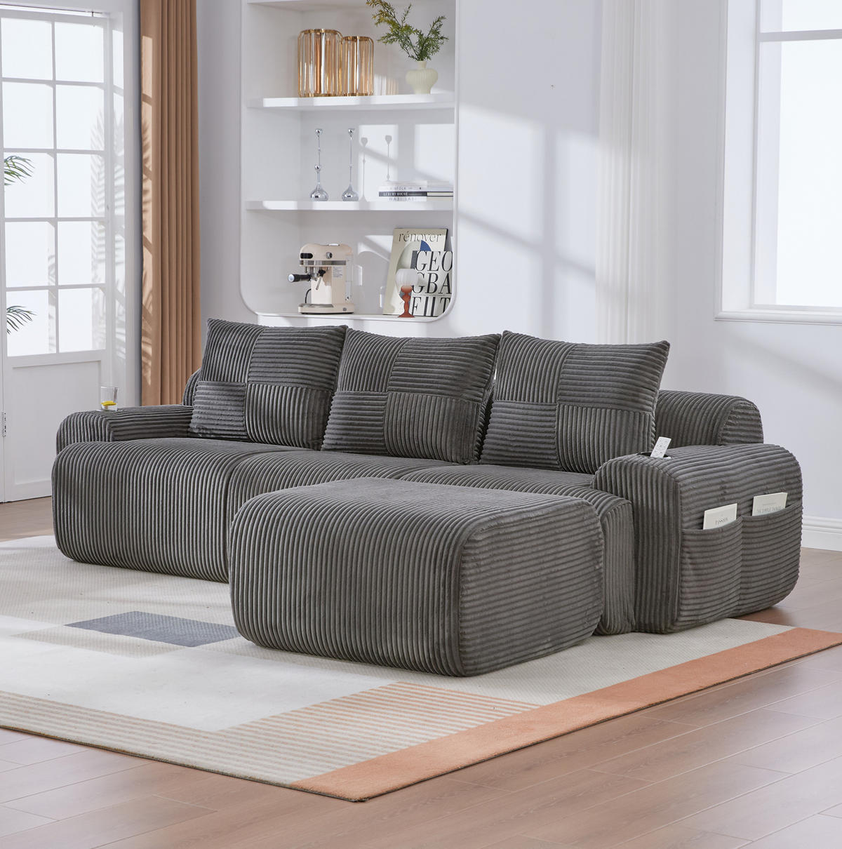 SOFA 268/174/80 cm in Dunkelgrau mit Cupholder und Tasche - Dunkelgrau, Textil (174/80/268cm) - Flora Grace