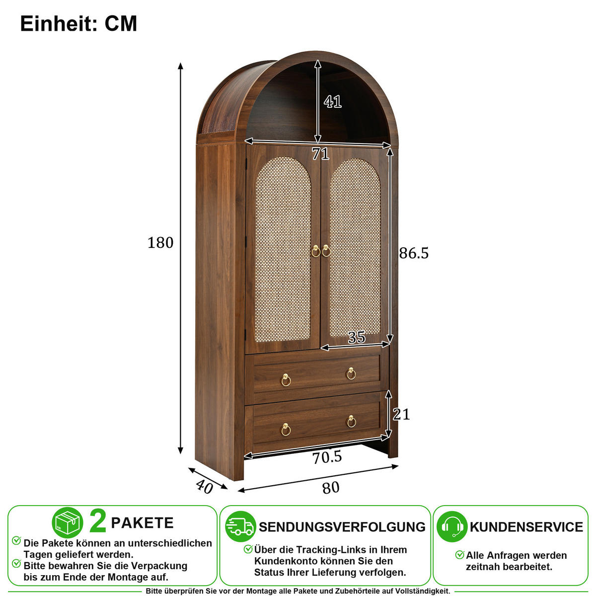 SIDEBOARD in Nussbaum 80/40/180 cm aus MDF mit Korbgeflecht-Türen, Schubladen und Stauraum - Nussbaumfarben, Holzwerkstoff/Metall (80/180/40cm) - CHICFURN