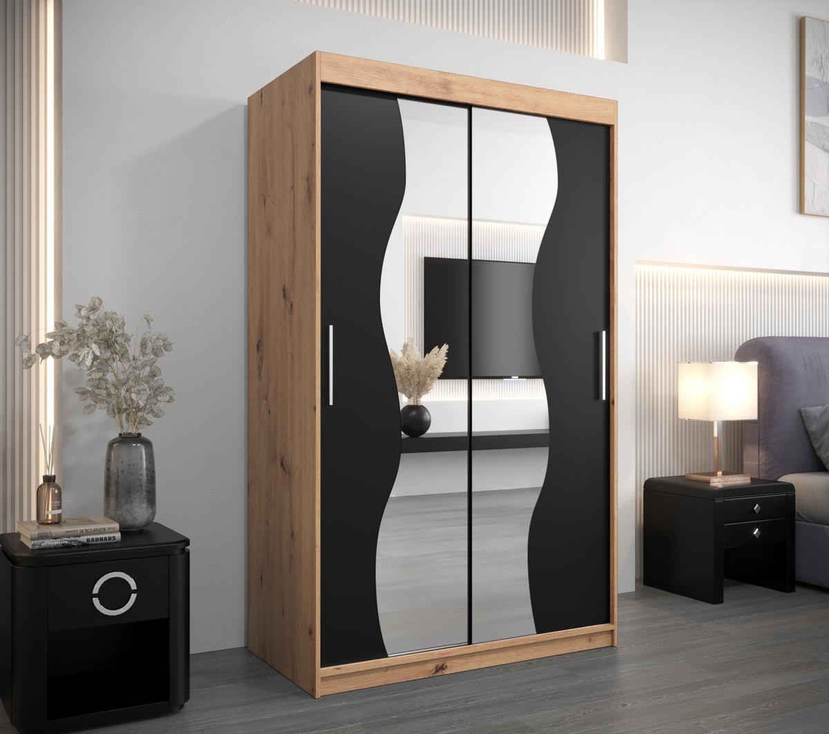 SCHWEBETÜRENSCHRANK 200/120/62 2-türig - Silberfarben/Schwarz, Holz/Kunststoff (120/200/62cm) - Abiks Möbel