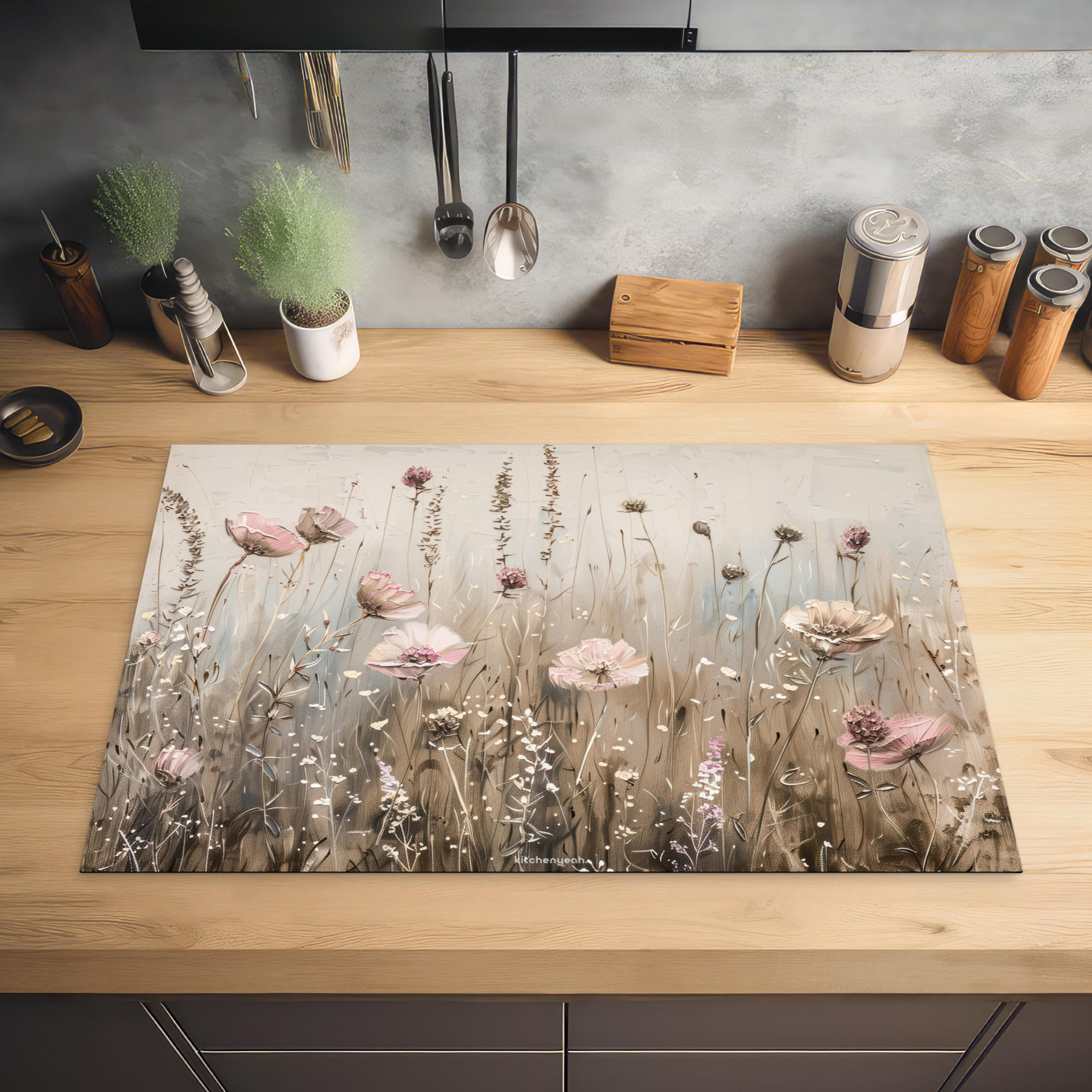 HERDABDECKPLATTE Blumen - Beige - Trockenblumen 81x52 cm - Beige, Kunststoff (81/0.2/52cm) - MuchoWow