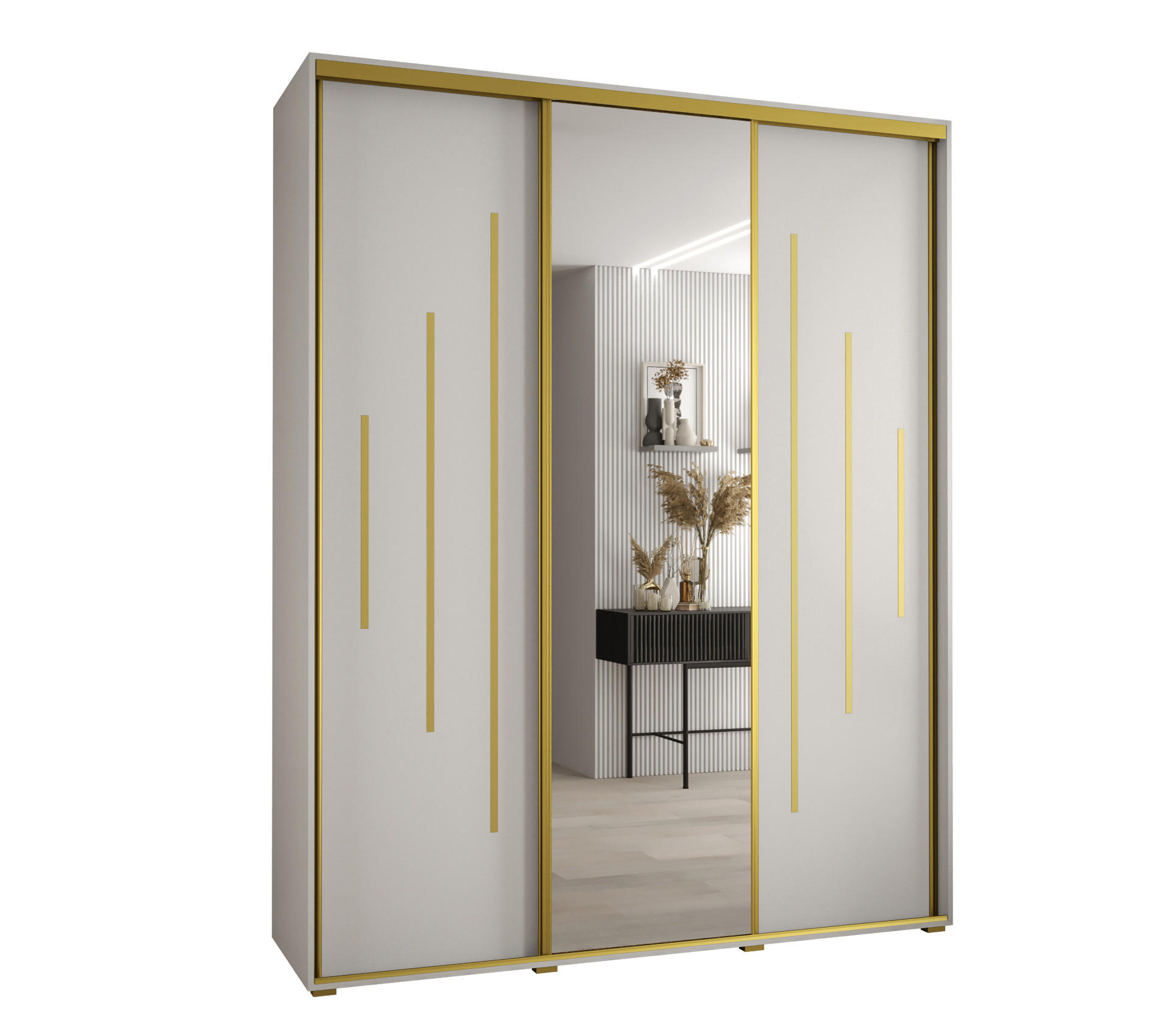 Abiks Möbel Schwebetürenschrank Weiß, Weiß, Gold 190x235x60 cm