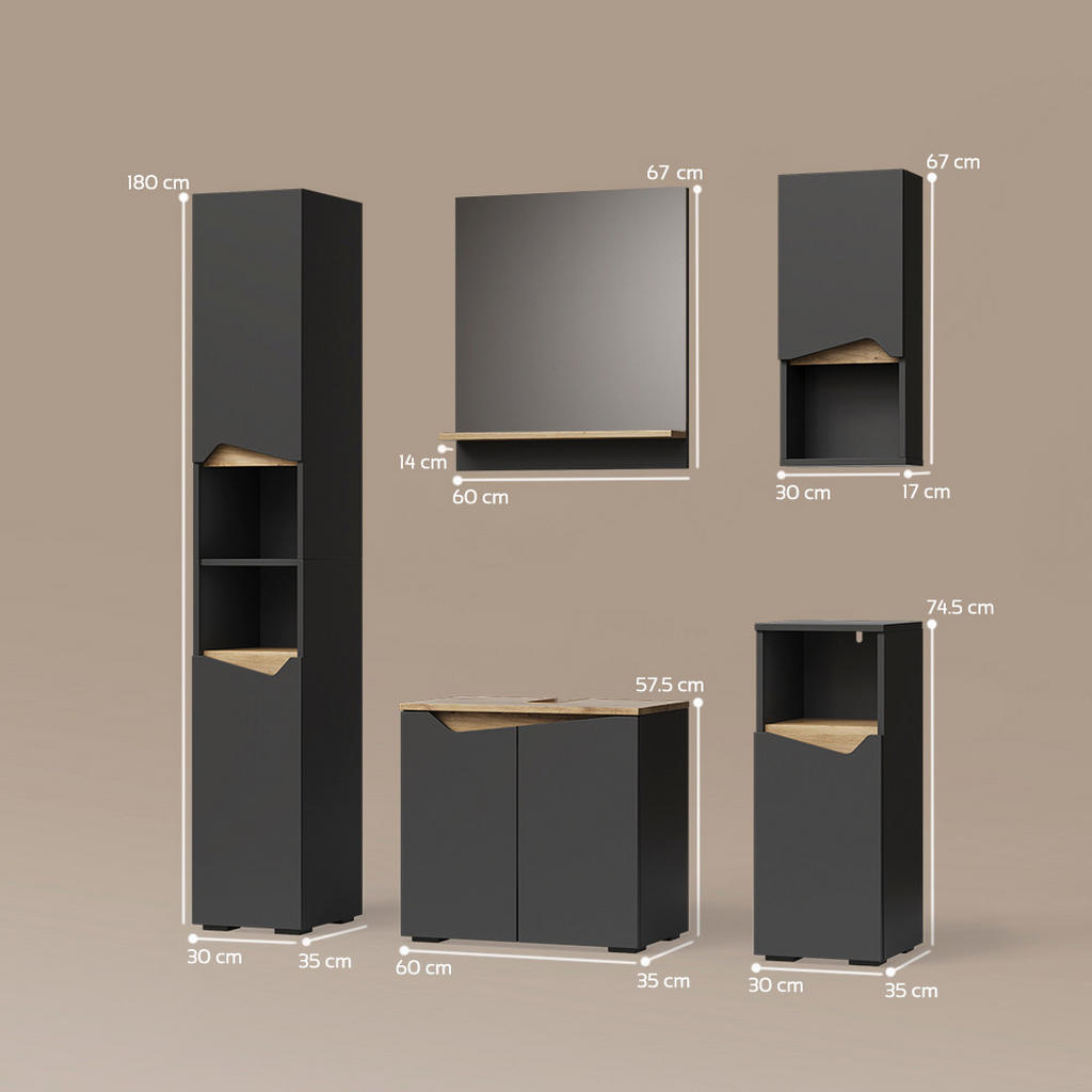 Thumbnail - Livinity® Badmöbel-Kombination, Anthrazit, Eiche Artisan, Holzwerkstoff, 14 Fächer, Rechteckig, 60x57x35 cm, Badezimmer,...