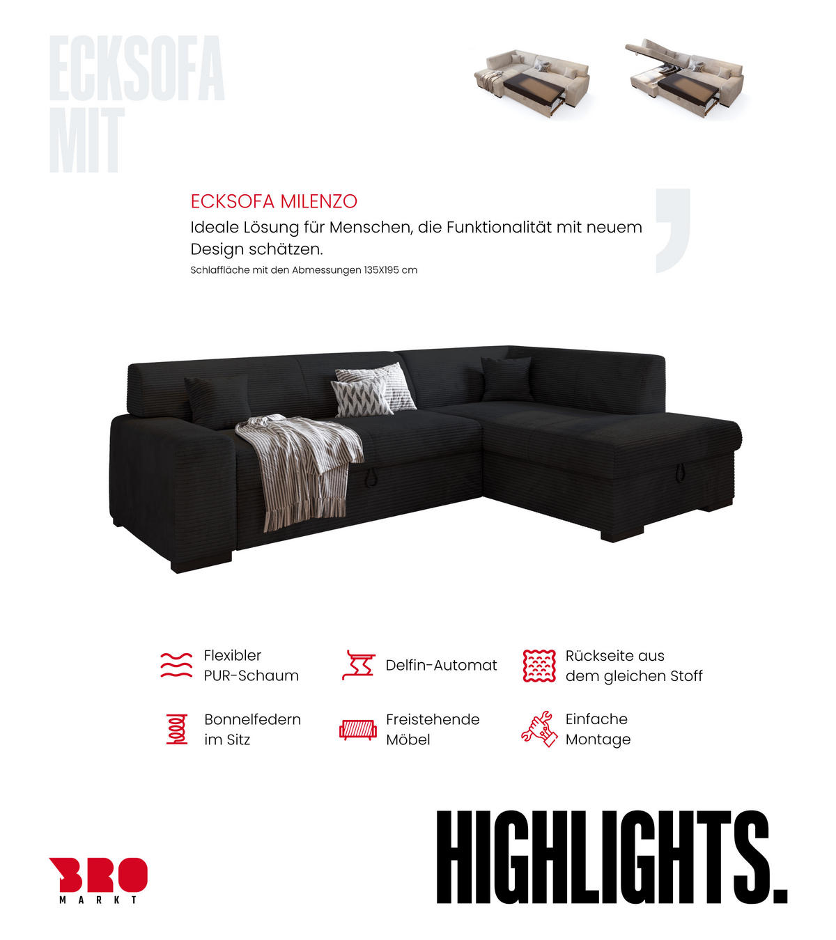ECKSOFA mit Schlaffunktion Cordstoff MILENZO Schwarz Links - Schwarz, Holz (260/175cm) - Bromarkt