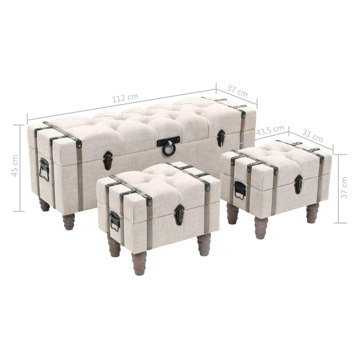 AUFBEWAHRUNGSBANK-SET 3-teilig Massivholz Und Stahl 112/37/45 Cm - Weiß, Holz (112/45/37cm) - vidaXL