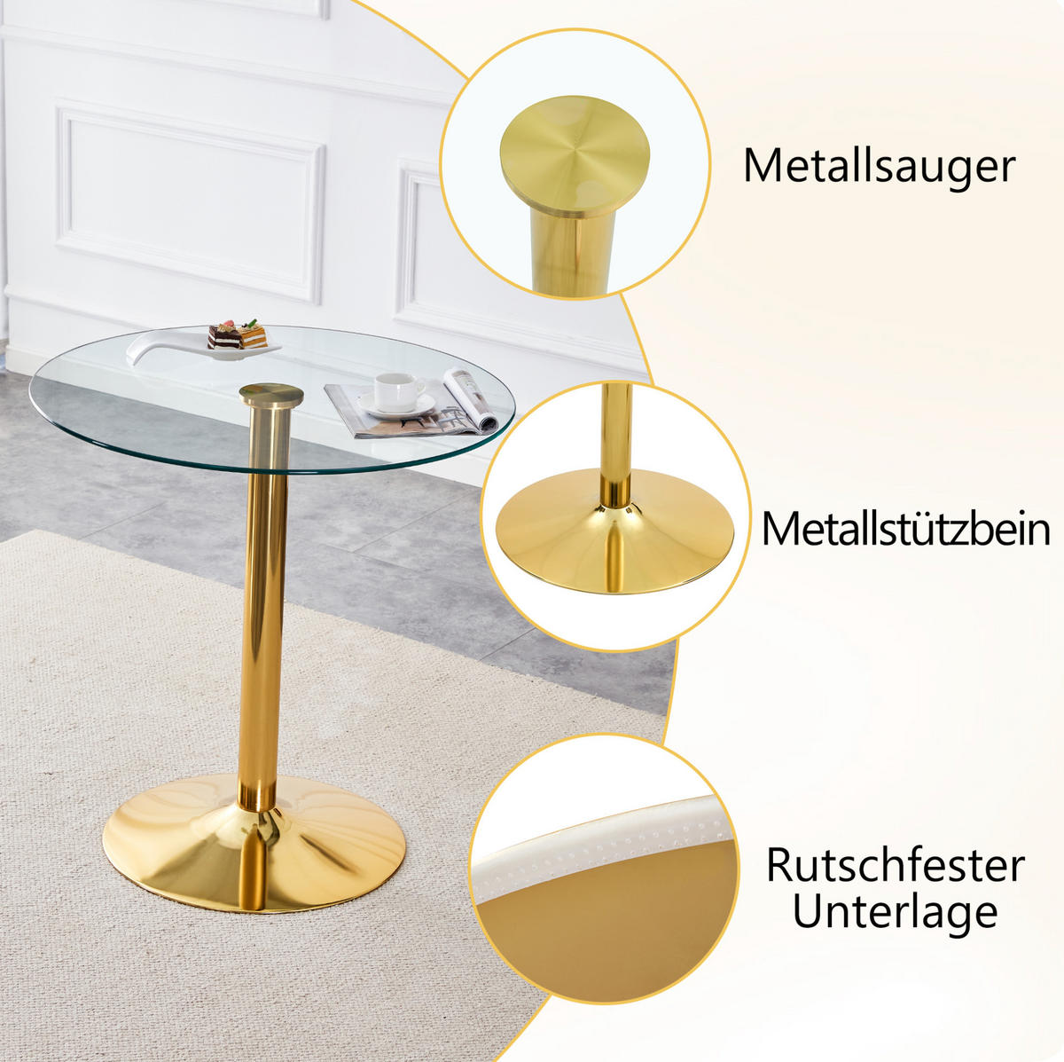 RUNDER Bartisch 89/89 cm aus Glas mit Metallgestell in Gold, Höhe 92 cm - Goldfarben, Holzwerkstoff (89/89/92cm) - BEAOK