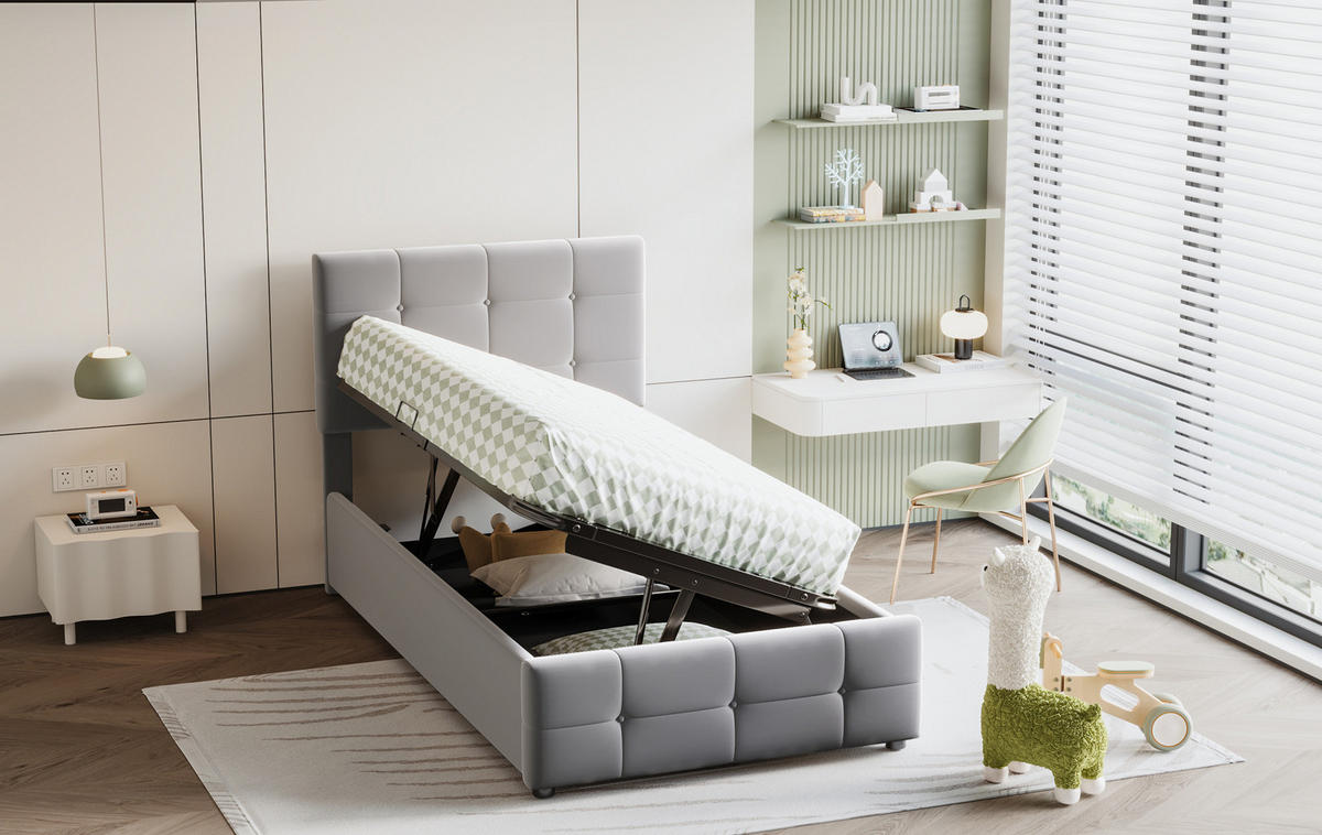 KINDERPOLSTERBETT 90/200 cm Grau aus Samtstoff mit Stauraum - Grau, Textil (90/200cm) - OKMYHOME