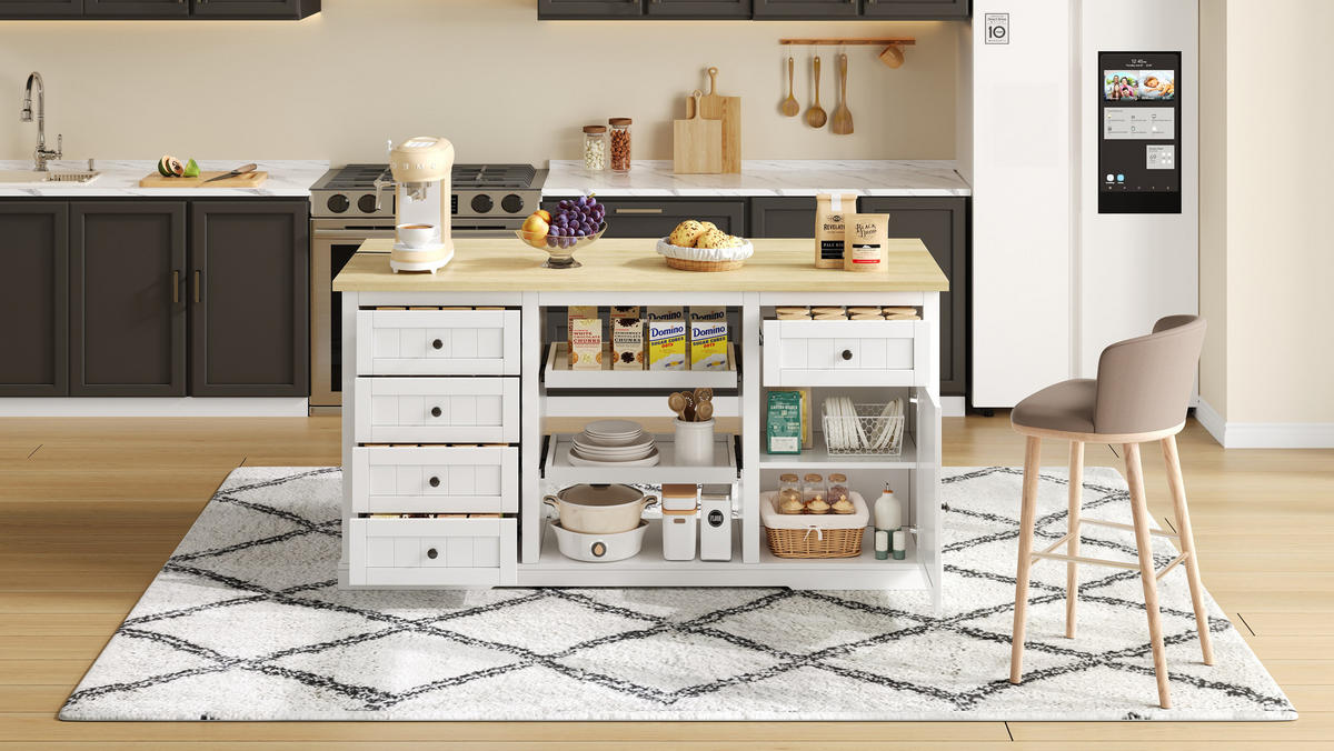 SIDEBOARD mit 5 Schubladen, 2 Ausziehböden und klappbarer Erweiterungsplatte, integrierte Steckdosen, 150/65/75 cm, Weiß und Natur - Weiß, Holzwerkstoff (150/75/65cm) - Redom