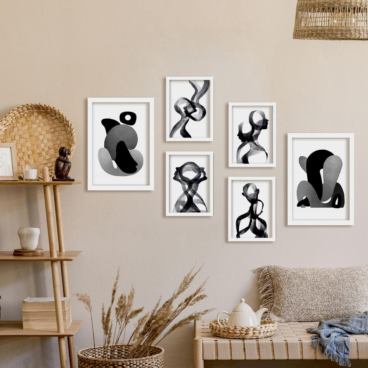 POSTER Set Mit 6 Bent Body Abstrakte Liebhaber Größe A3 & A4 Weißer Rahmen - Weiß, Papier (29.7/1cm) - Nacnic