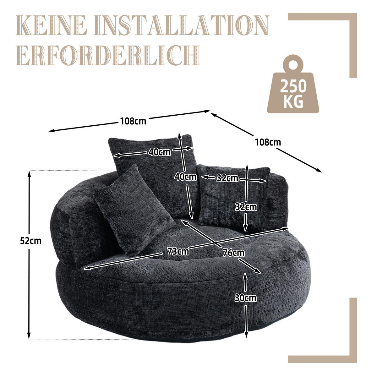 KŘESLO žinylkové podlahové křeslo, kulaté, s polštářem - černá, textil (108/52/108cm) - Urban Meuble