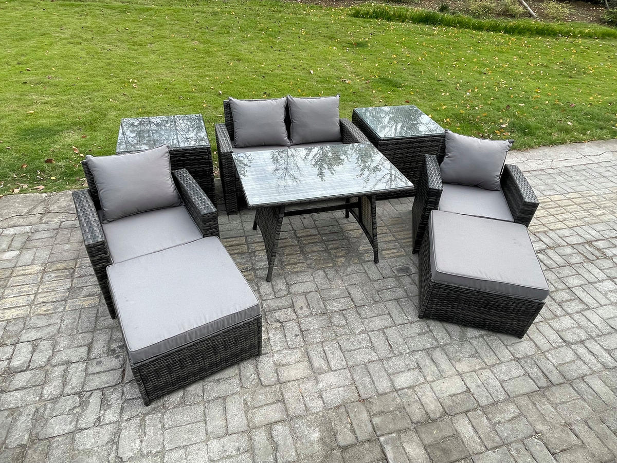 GARTENMÖBELSET mit ESSTISCH,HOCHLEHNER-SOFA Polyrattan Dunkelgrauer Mix 6-Sitzer - Dunkelgrau/Grau, Glas/Kunststoff - Fimous