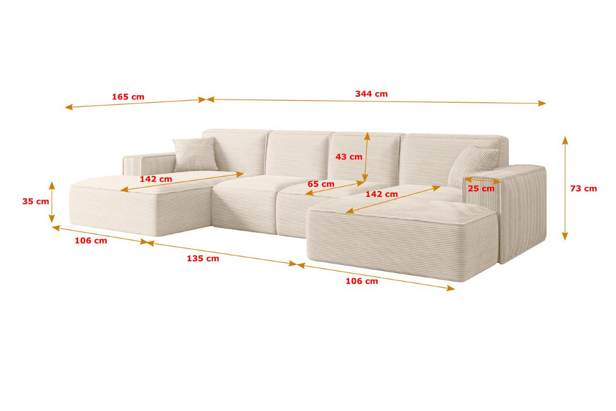 WOHNLANDSCHAFT SIERRA-U - 344x165x73 cm Beige Cord - Beige/Schwarz, Holzwerkstoff/Kunststoff (344/73/165cm) - ALTDECOR