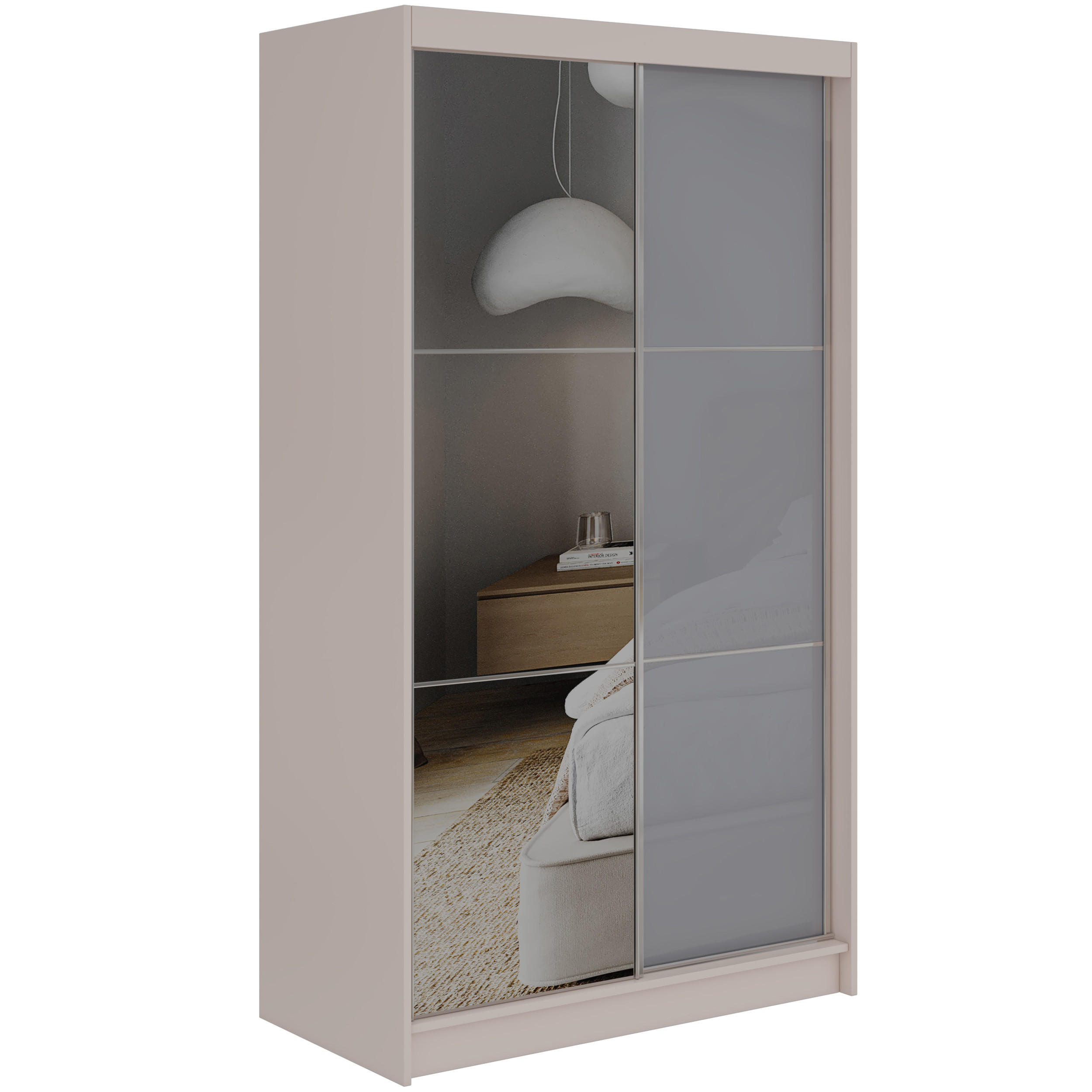 SCHWEBETÜRENSCHRANK mit Spiegel und Schubladen - WALENCJA - 120 - Kaschmir-Grau lacobel - Kaschmir/Alufarben, Holzwerkstoff/Metall (120/216/61cm) - MKS