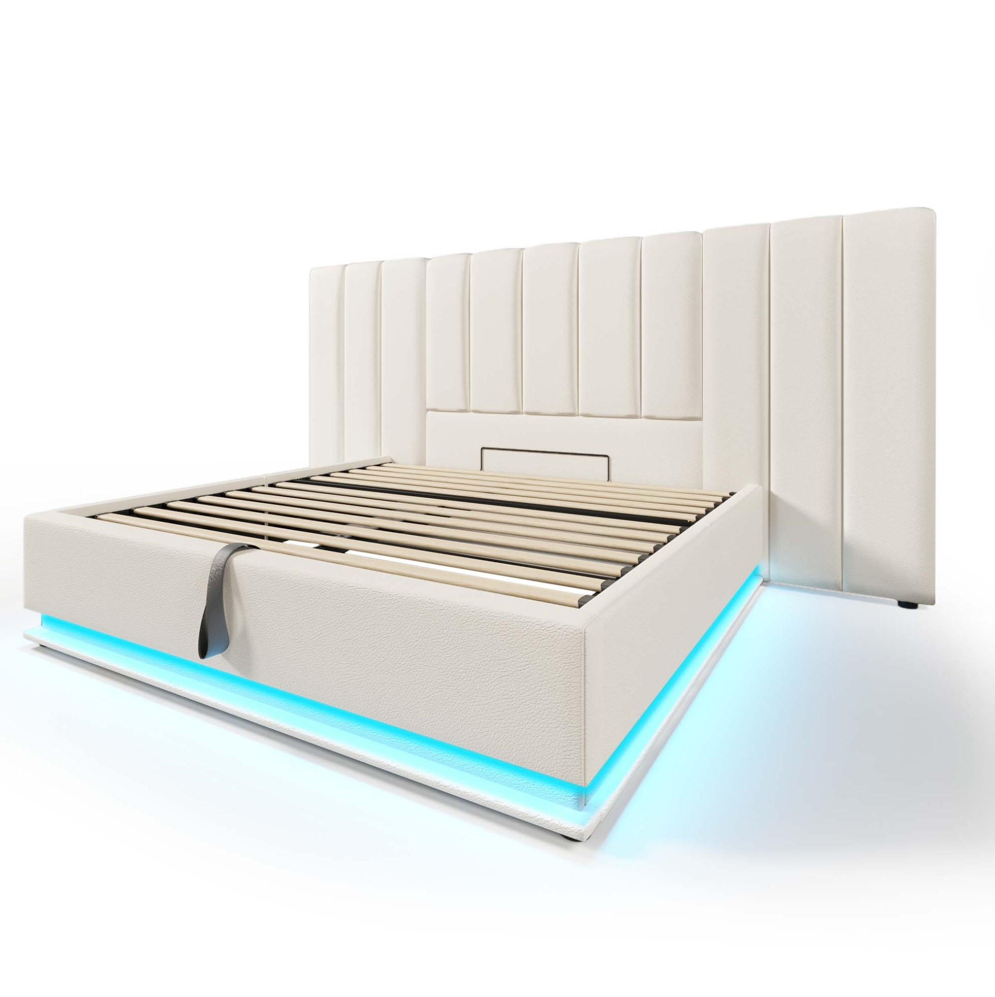 Modfu ČALOUNĚNÁ postel z PU 180x200 cm bílá s LED osvětlením, USB-C nabíjením a hydraulickým úložným prostorem