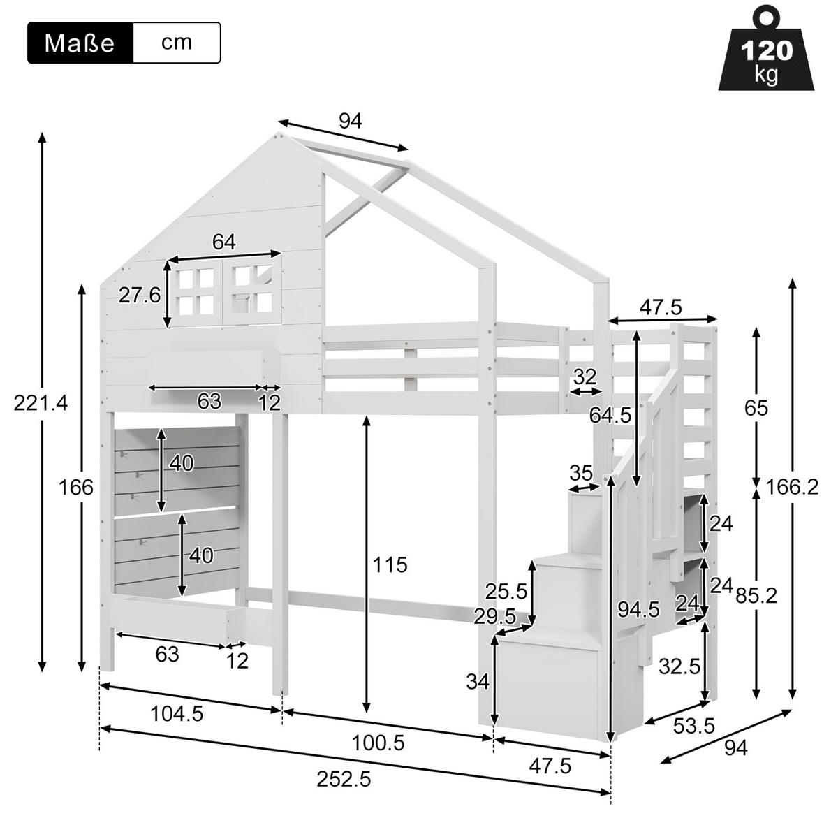 ETAGENBETT 90/200 cm in Weiß aus Kiefer massiv mit Stauraumtreppe - Weiß, Holzwerkstoff (90/200cm) - OKMYHOME