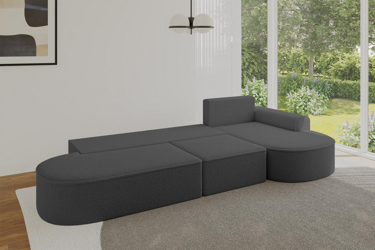 ECKSOFA mit Schlaffunktion Ottomane RECHTS MARI L2-S 368X167X85 Grau Bouclé - Schwarz/Grau, Holzwerkstoff/Kunststoff (167/368cm) - ALTDECOR