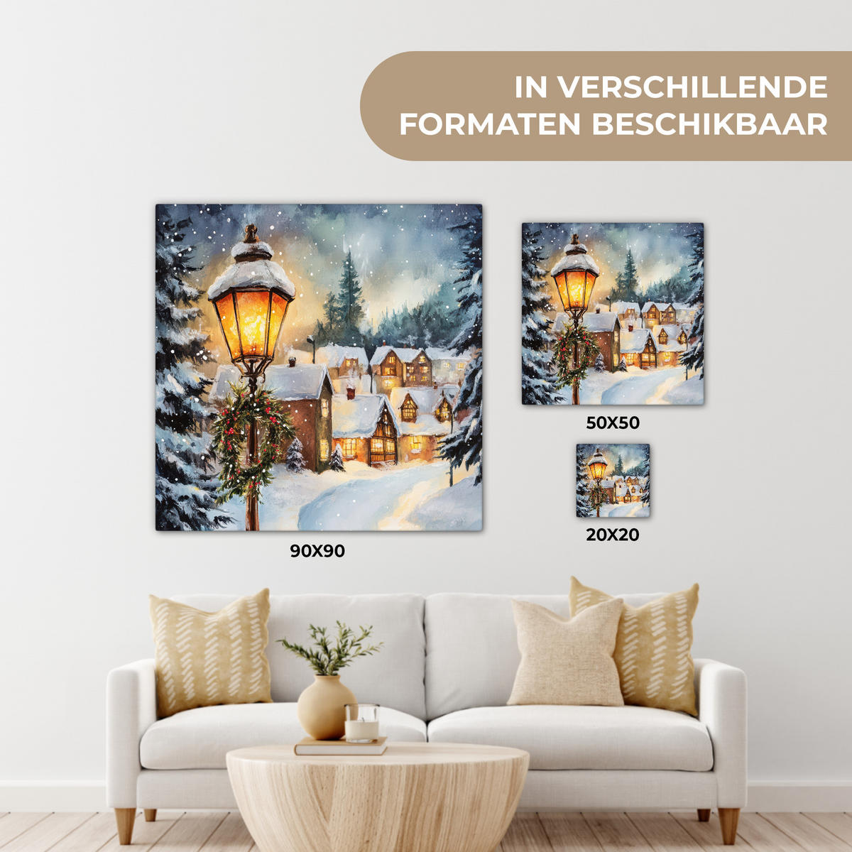 LEINWANDBILD Weihnachtsdorf - Häuser - Schnee - Weihnachten 50x50 cm - Sandfarben, Textil (50/50cm) - MuchoWow