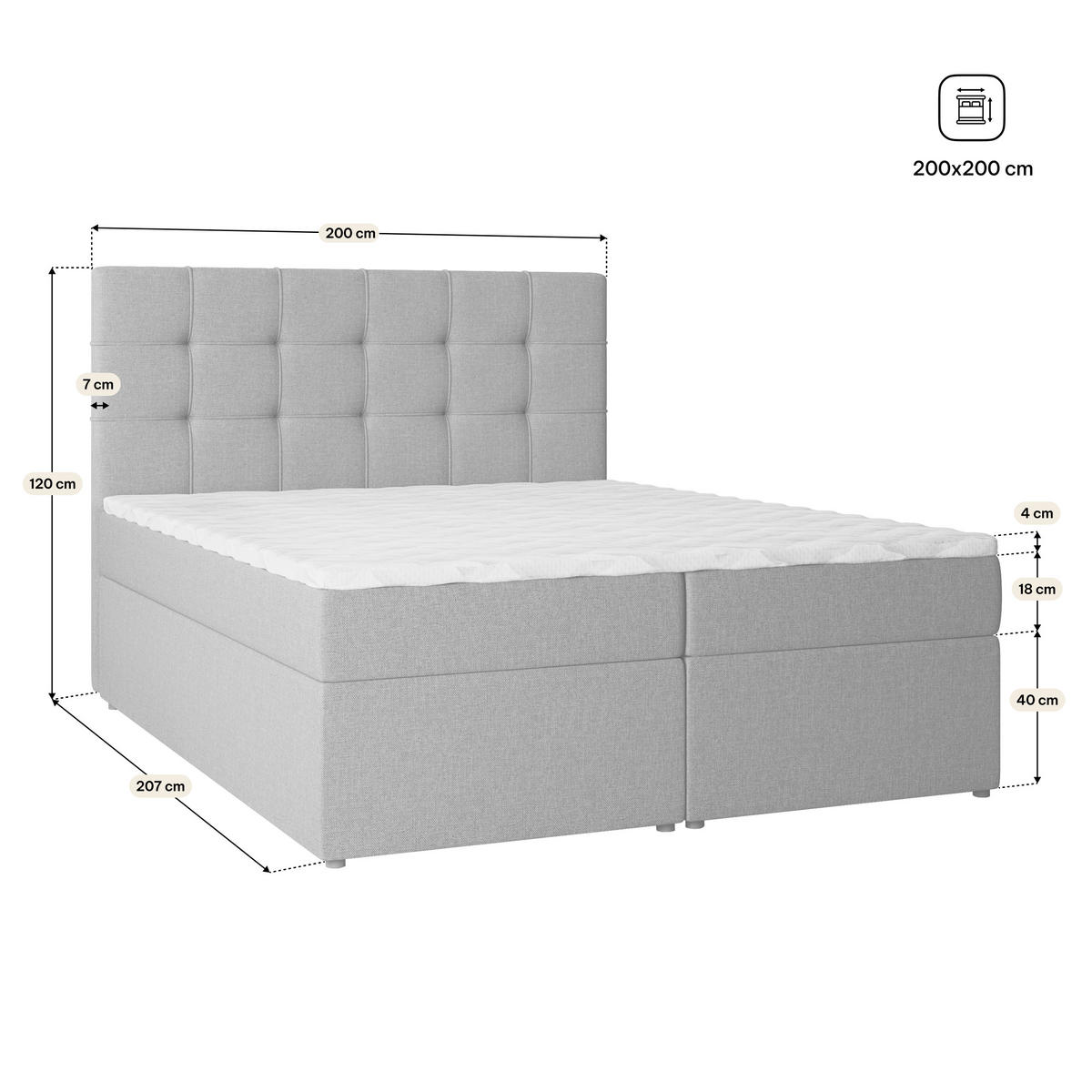 BOXBETT PALMA 200x200 cm mit Matratze und Topper, H2+H3 - Hellgrau - Hellgrau, Holz (200/200cm) - MASSENO