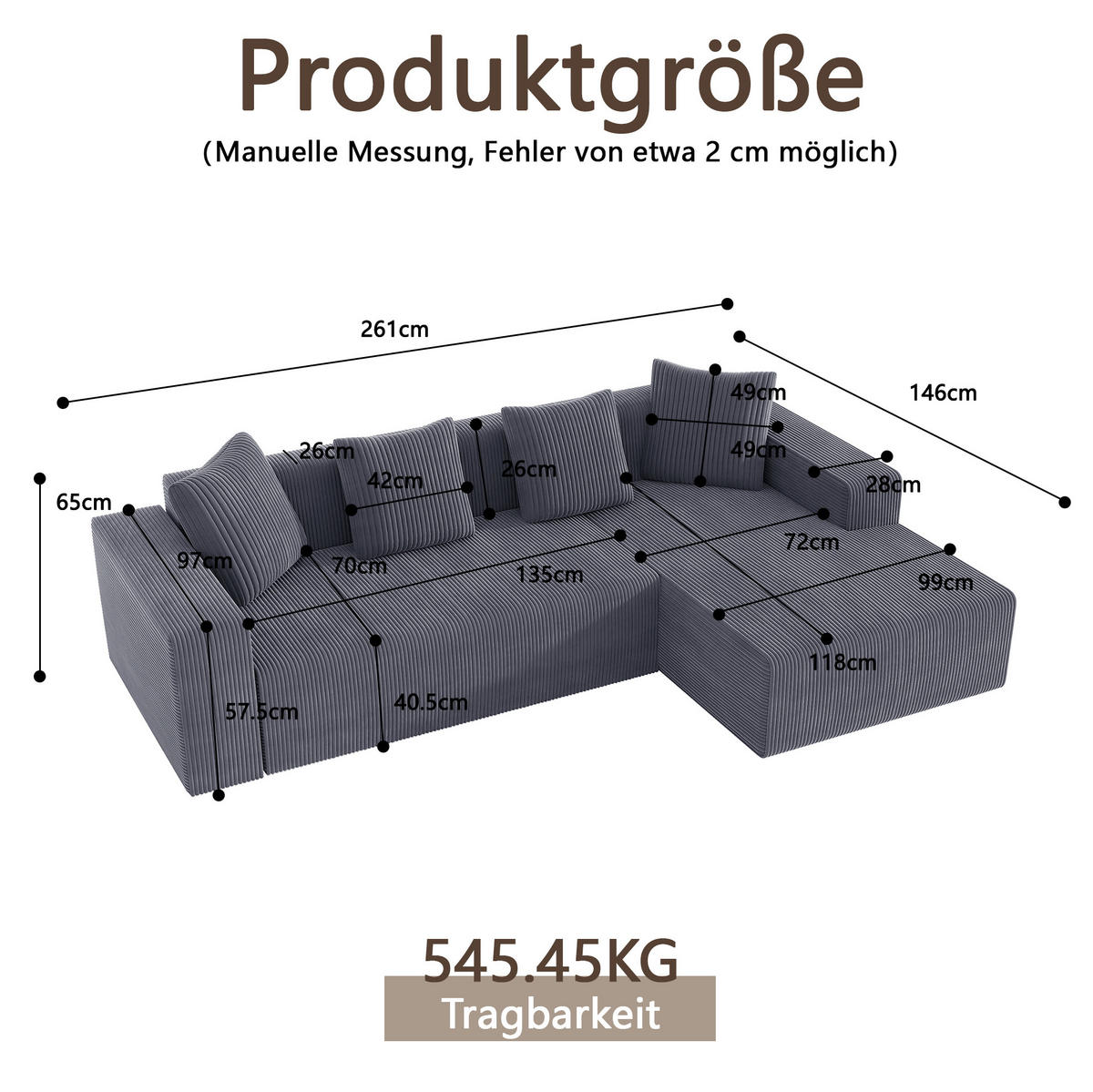 ECKSOFA Cord mit tiefer Sitzfläche, modularer Liege 261/146/65 cm Grau - Grau, Textil (146/261cm) - Redom