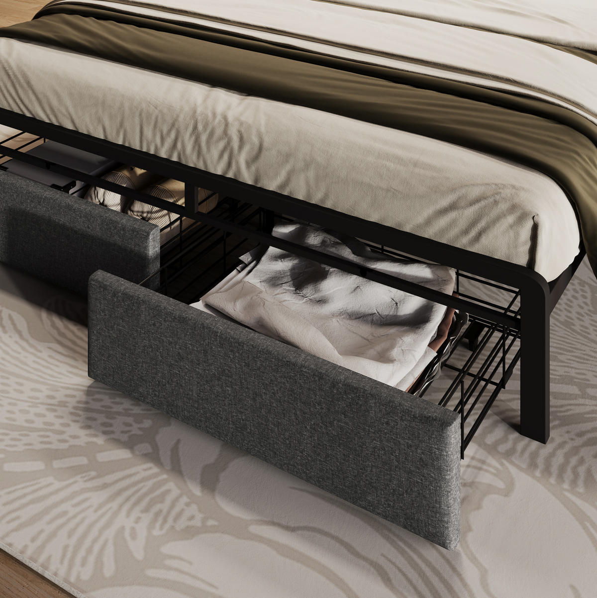 BETT 140/200 cm in Grau mit Stauraum-Kopfteil, LED, Schubladen & Matratze - Grau, Textil (140/200cm) - BEAOK